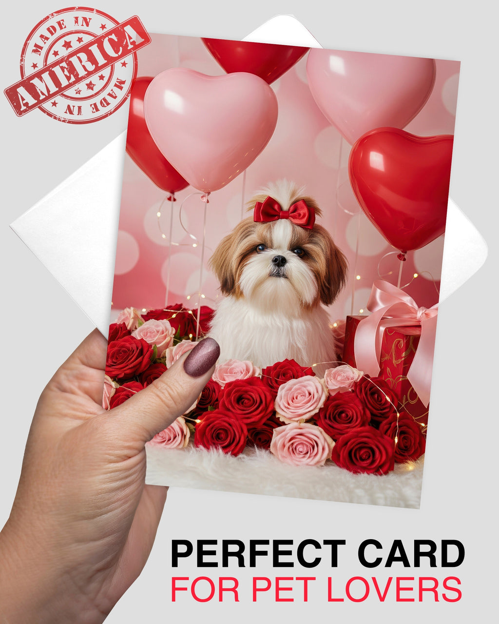 Shih Tzu Greeting Card with Roses – Romantic Dog Love Card for Anniversary Valentine's Day Birthday Sweet Sixteen – Premium 5x7 Blank Card for Pet Lovers, Celebrate Collection, Made in USA