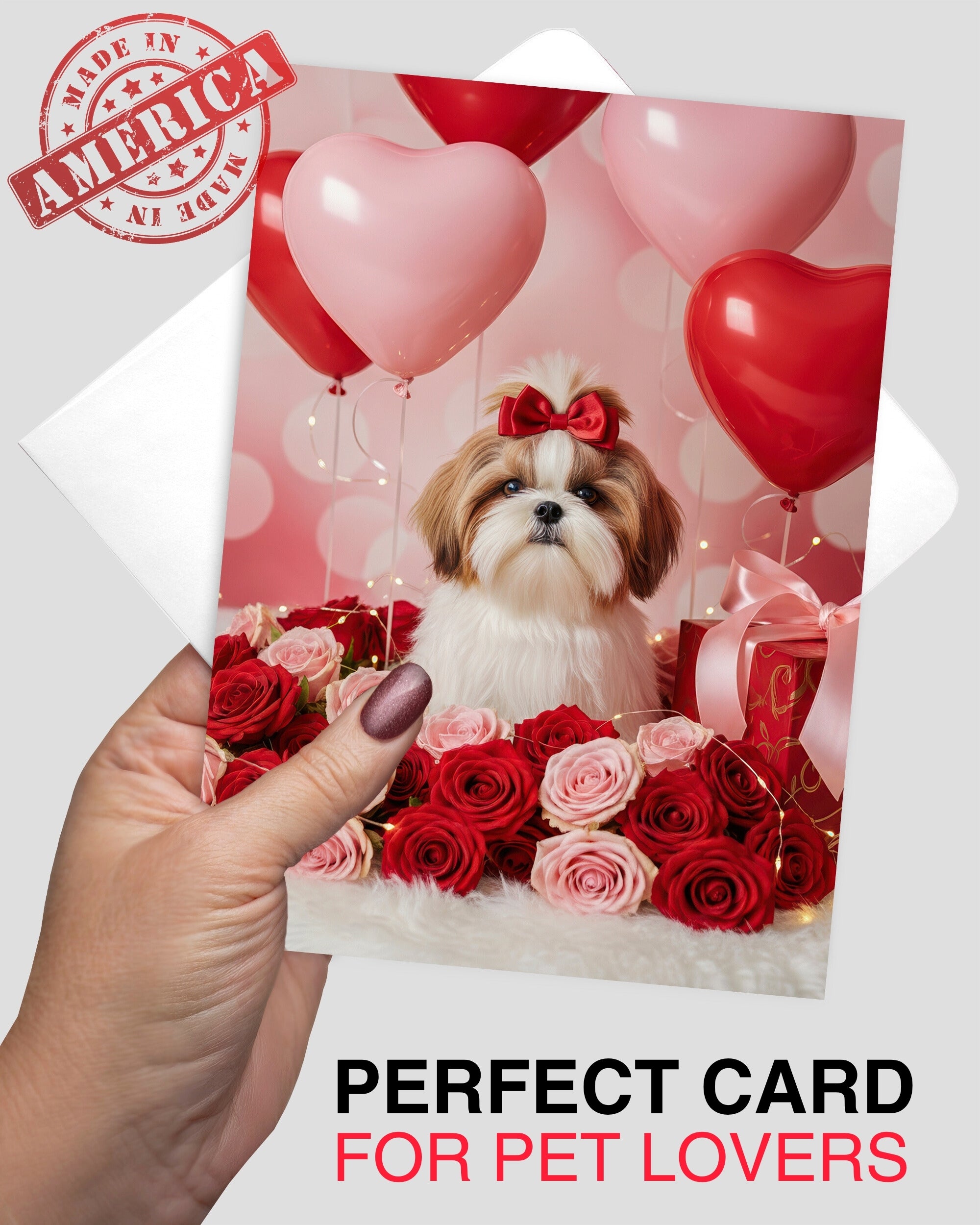 Shih Tzu Greeting Card with Roses – Romantic Dog Love Card for Anniversary Valentine's Day Birthday Sweet Sixteen – Premium 5x7 Blank Card for Pet Lovers, Celebrate Collection, Made in USA