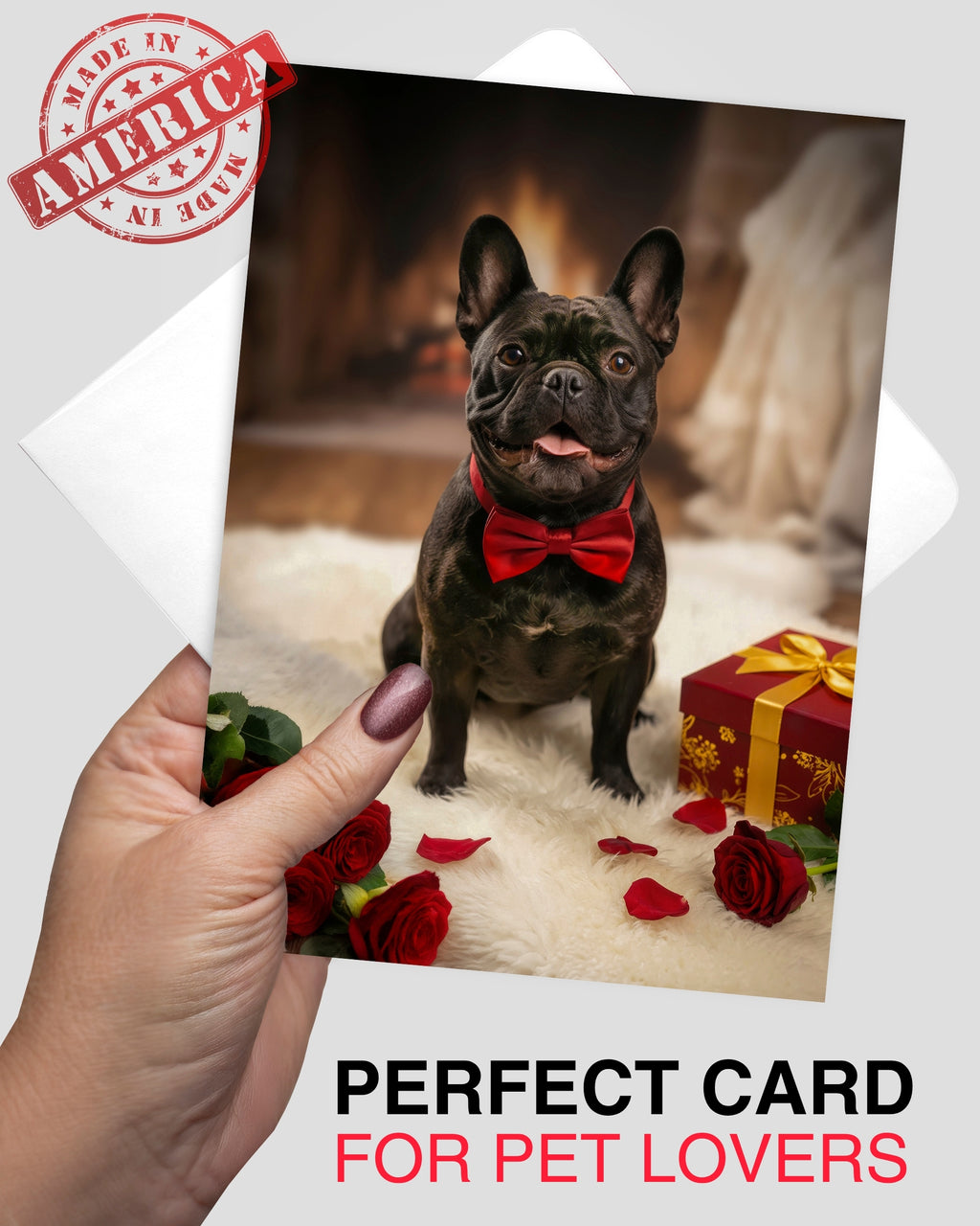 Black French Bulldog Valentine’s Day Card – Romantic Dog Love Greeting Card with Roses, Anniversary, Birthday, Sweet Sixteen Card, Blank Inside, Premium 5x7, Celebrate Collection, Made in USA