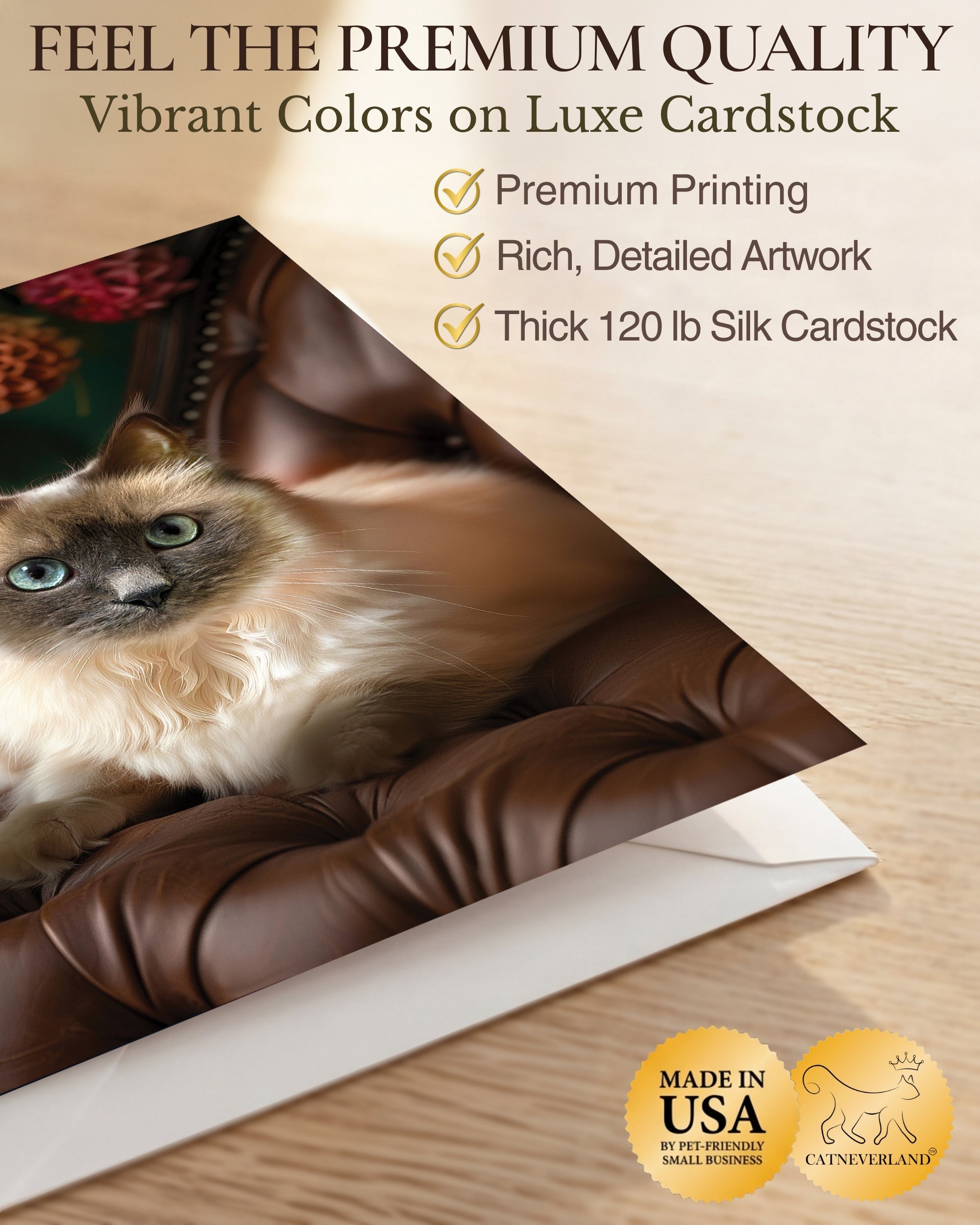 Monya The Cat Any Occasion Greeting Card - 5x7 Inch from Cats with Flowers Collection, Premium Cardstock, Blank Inside, White Envelope, Great Gift for Cat Lovers