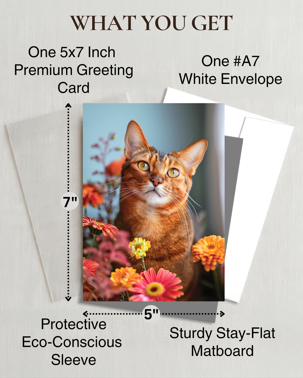 Abyssinian Cat Greeting Card 5x7 Inch, Any Occasion from Cats with Flowers Collection Premium Cardstock Blank Inside White Envelope Included Great Gift for Cat Lovers