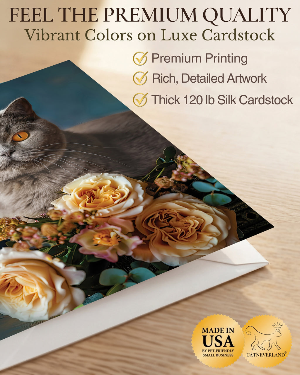British Shorthair Cat Greeting Card 5x7 Inch Any Occasion Cats with Flowers Collection Premium Cardstock Blank Inside White Envelope Included Great Gift for Cat Lovers