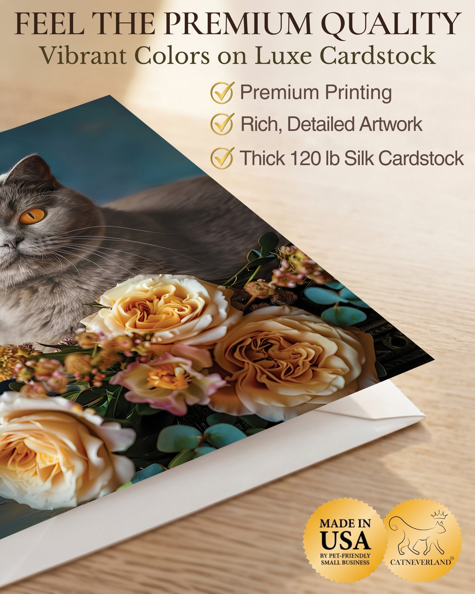 British Shorthair Cat Greeting Card 5x7 Inch Any Occasion Cats with Flowers Collection Premium Cardstock Blank Inside White Envelope Included Great Gift for Cat Lovers