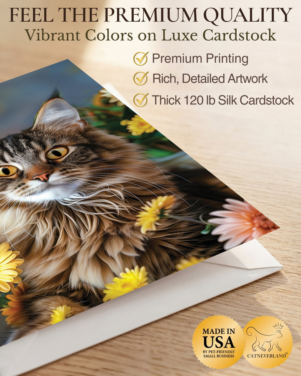 Maine Coon Cat Greeting Card 5x7 Inch Any Occasion from Cats with Flowers Collection Premium Cardstock Blank Inside White Envelope Great Gift for Cat Lovers