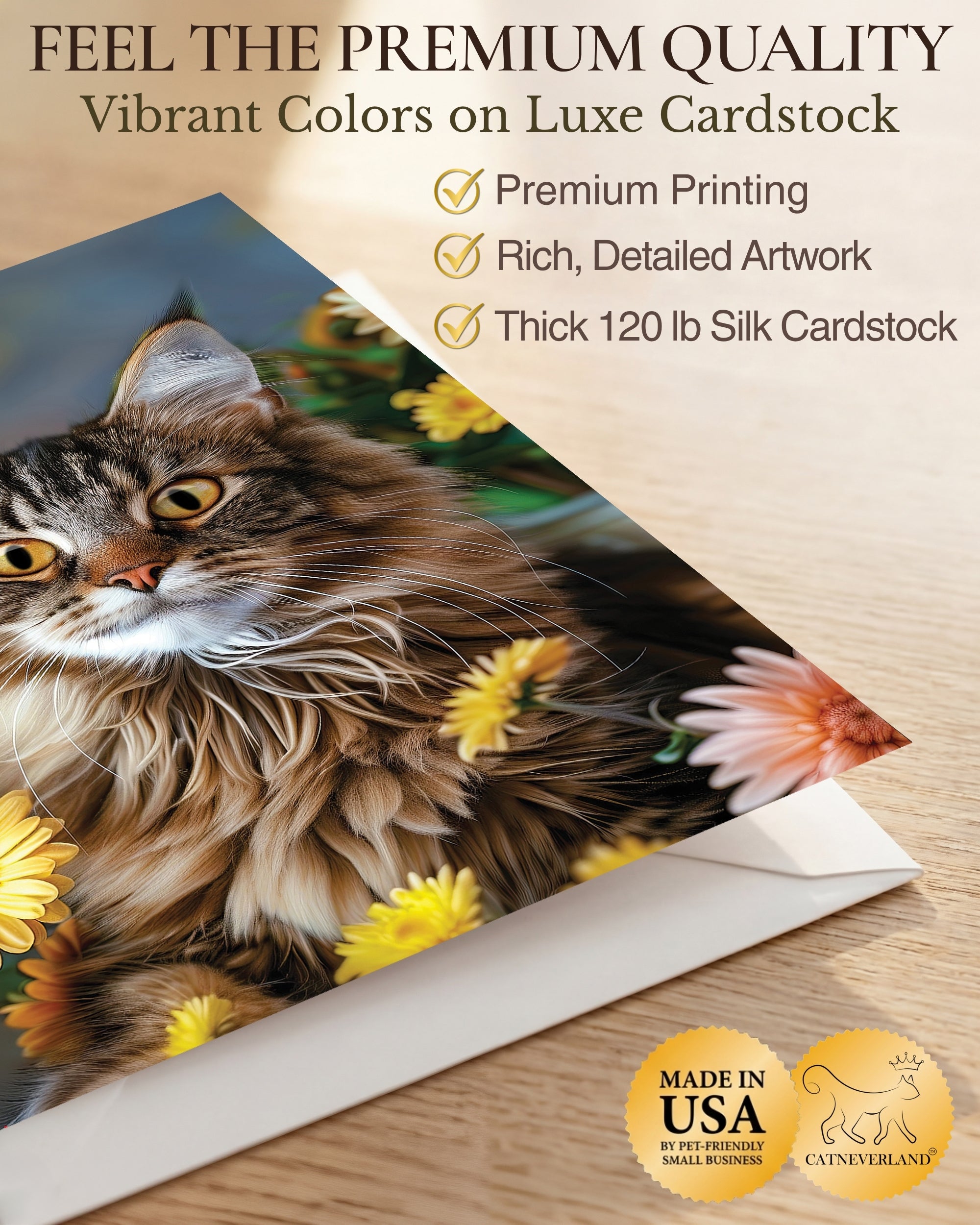 Maine Coon Cat Greeting Card 5x7 Inch Any Occasion from Cats with Flowers Collection Premium Cardstock Blank Inside White Envelope Great Gift for Cat Lovers