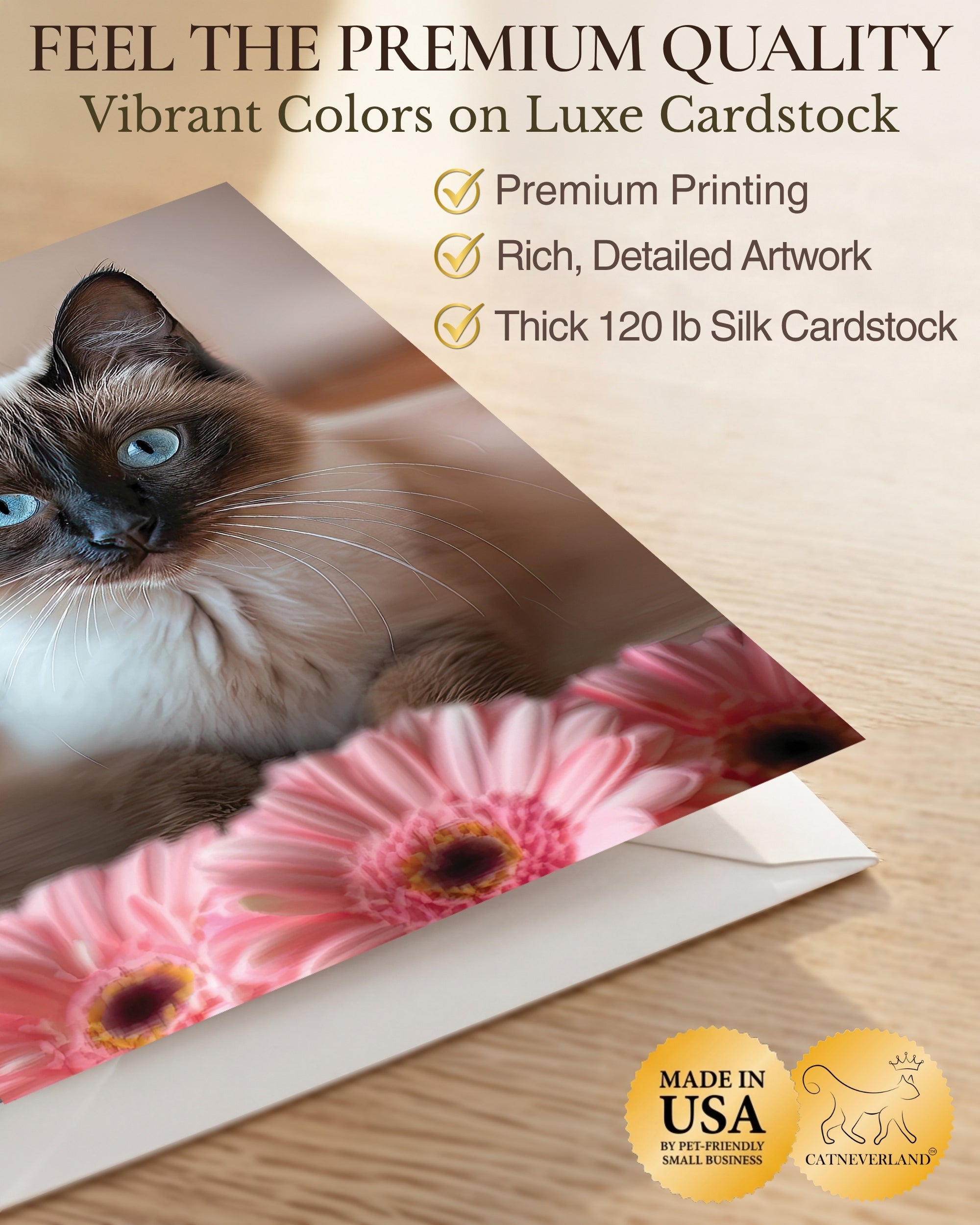 Siamese Cat Greeting Card 5x7 Inch Any Occasion from Cats with Flowers Collection Premium Cardstock Blank Inside White Envelope Great Gift for Cat Lovers