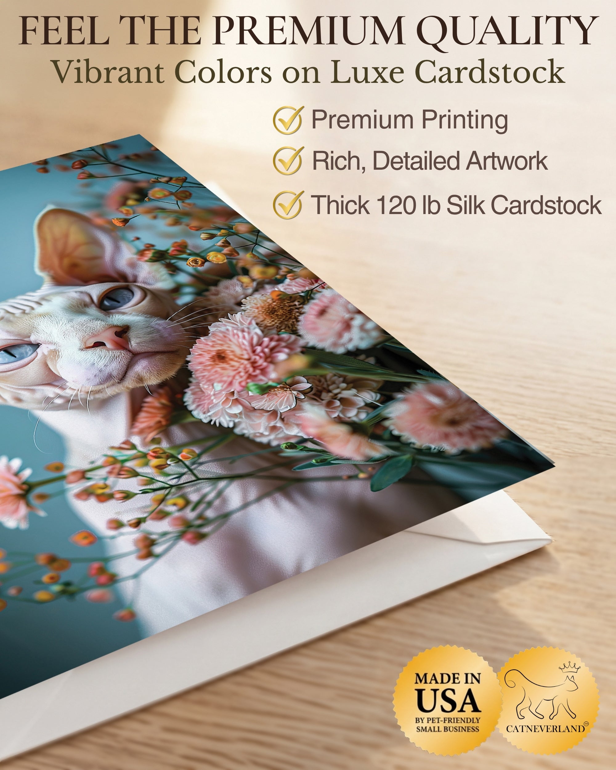 Sphynx Cat Greeting Card - 5x7 Inch Any Occasion from Cats with Flowers Collection Premium Cardstock Blank Inside White Envelope Great Gift for Cat Lovers