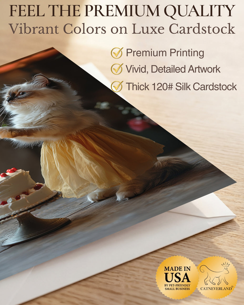 Happy Birthday Ragdoll Kitten Greeting Card Cute Cat in Dress with Cake and Rose – Blank Inside 5x7 Premium Card with Envelope – Made in USA by Pet-Friendly Business
