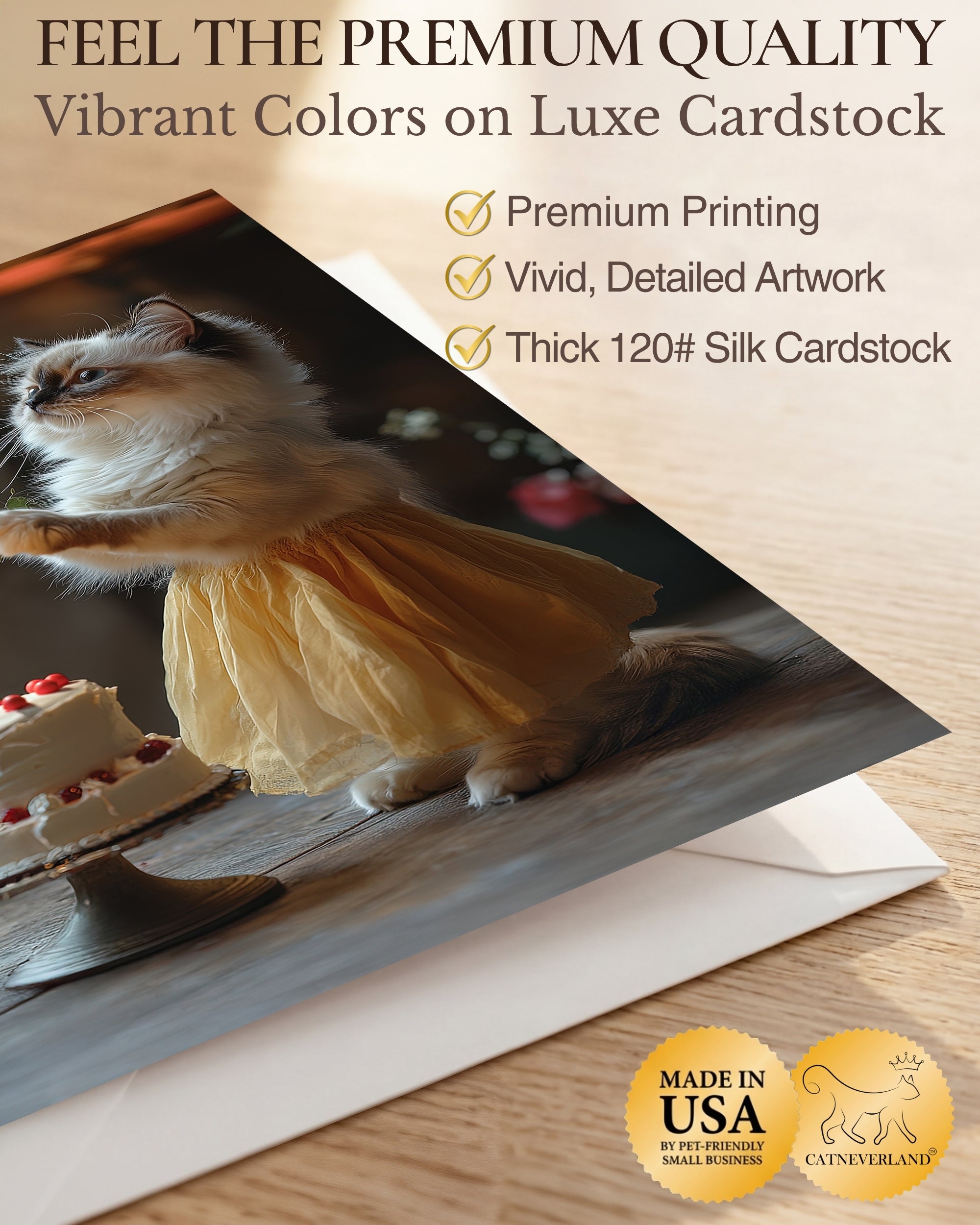Happy Birthday Ragdoll Kitten Greeting Card Cute Cat in Dress with Cake and Rose – Blank Inside 5x7 Premium Card with Envelope – Made in USA by Pet-Friendly Business