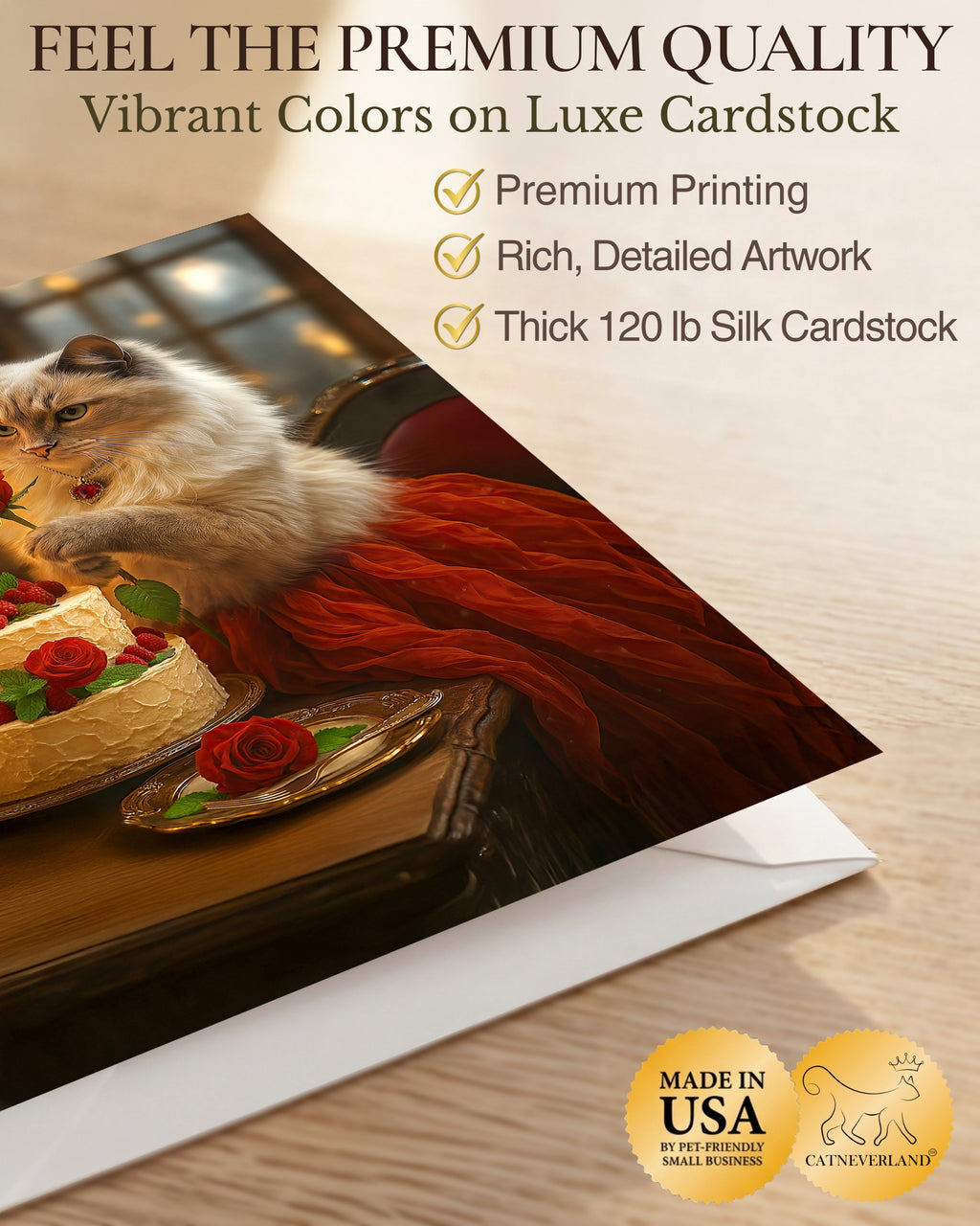 Ragdoll Cat with Cake and Red Rose Greeting Card – Blank Inside – Valentine’s Day, Birthday, Anniversary, or Thinking of You Card – Red Rose Collection by CatNeverland – 5x7 in, White Envelope, Made in USA