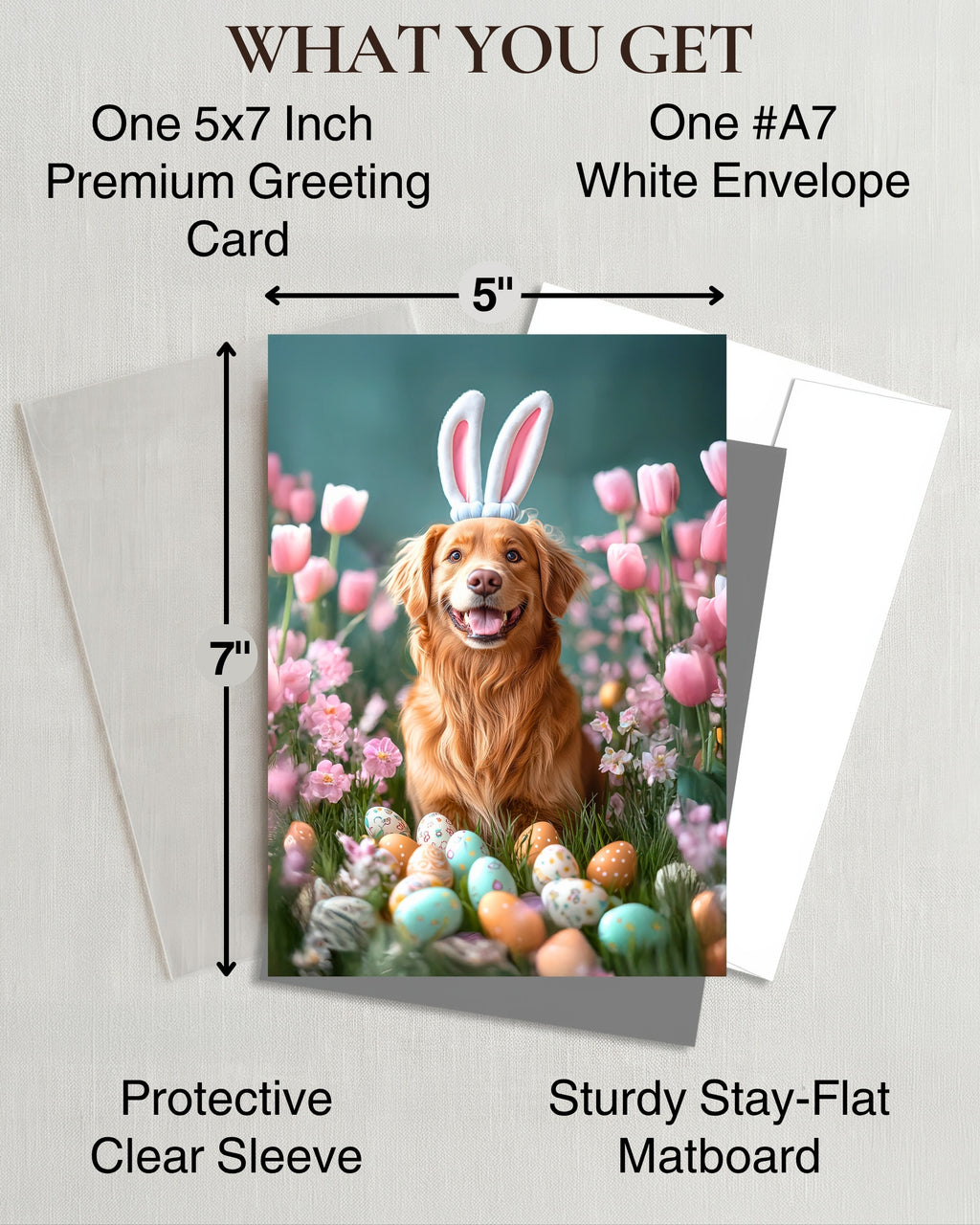 Golden Retriever Easter Greeting Card – Dog with Bunny Ears Surrounded by Easter Eggs and Spring Flowers Premium 5x7” Card with White Envelope Blank Inside Made in USA