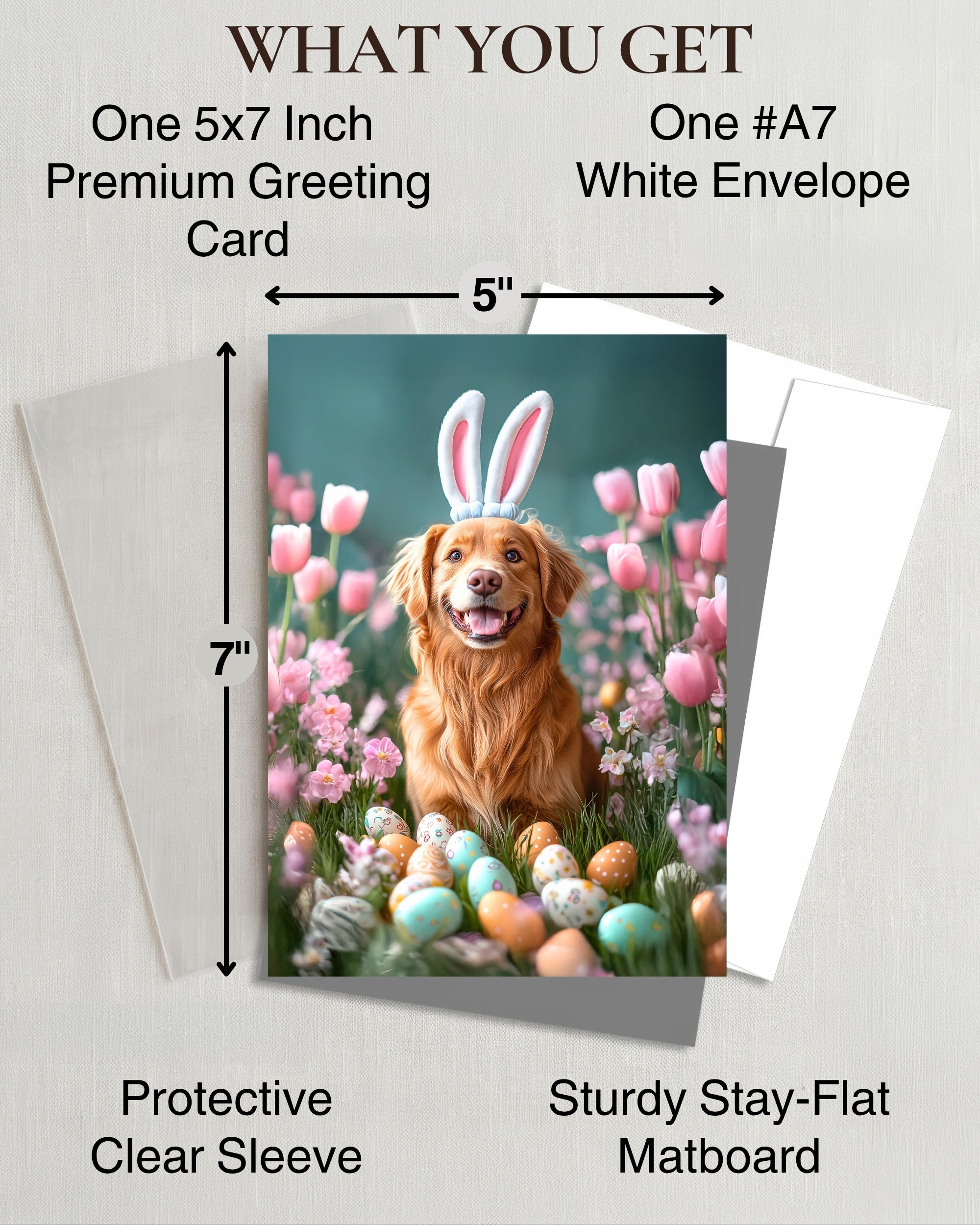 Golden Retriever Easter Greeting Card – Dog with Bunny Ears Surrounded by Easter Eggs and Spring Flowers Premium 5x7” Card with White Envelope Blank Inside Made in USA