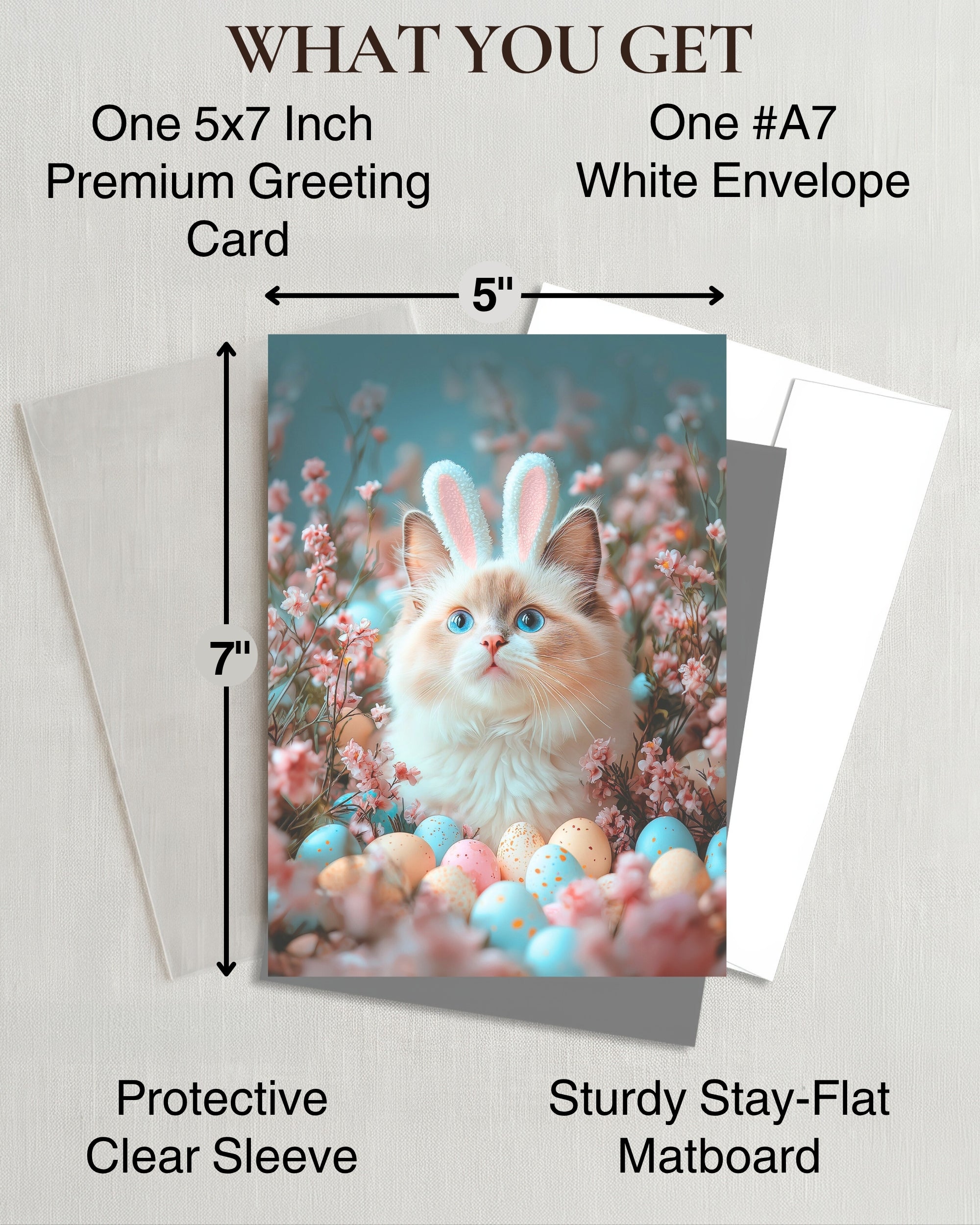 Ragdoll Cat Easter Greeting Card – Cute Cat with Bunny Ears Surrounded by Easter Eggs and Spring Flowers Premium 5x7” Card with White Envelope Blank Inside Made in USA