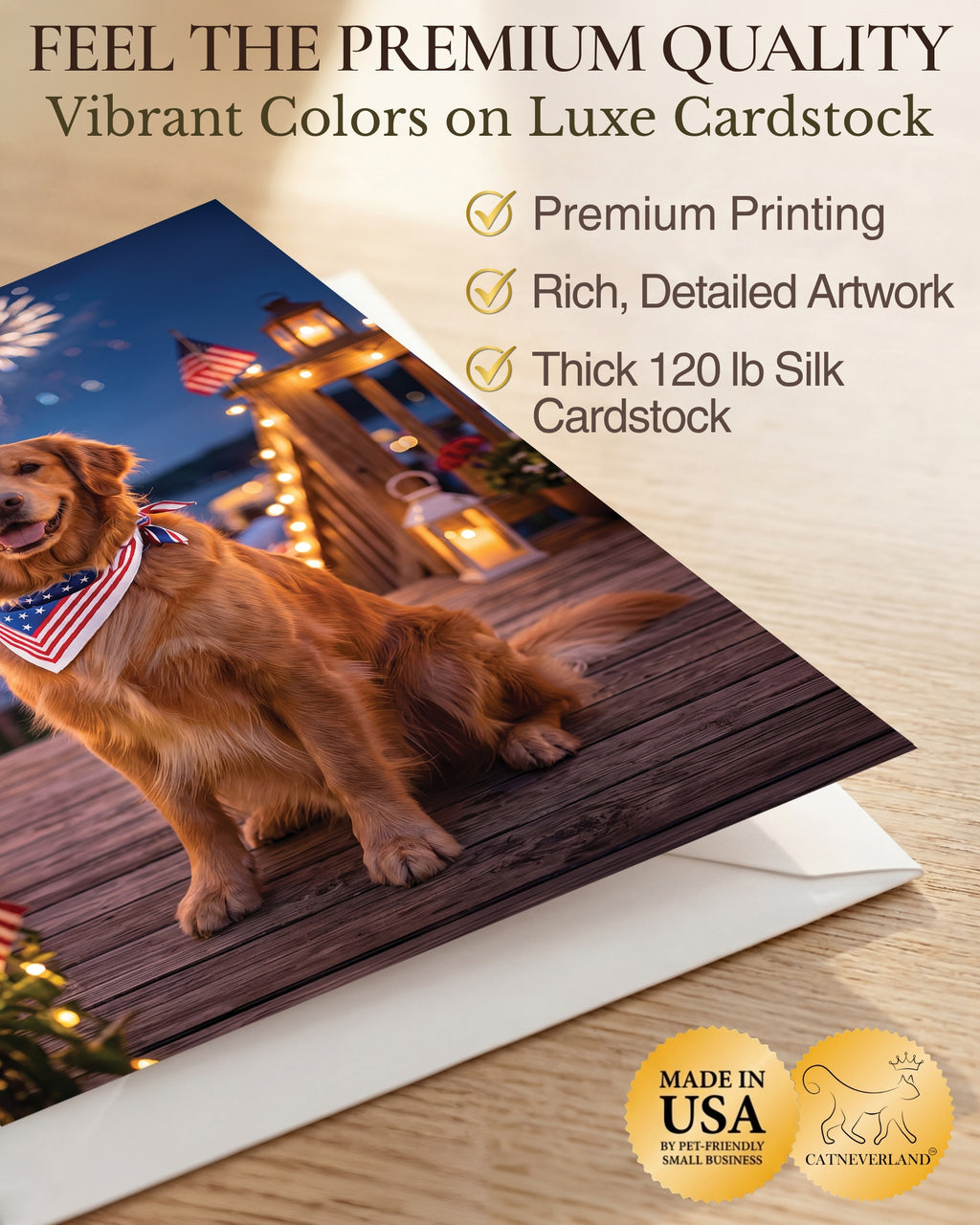 Golden Retriever 4th of July Greeting Card – Patriotic Dog Card with Fireworks – Premium 5x7 Independence Day Card with White Envelope – Blank Inside – Made in USA