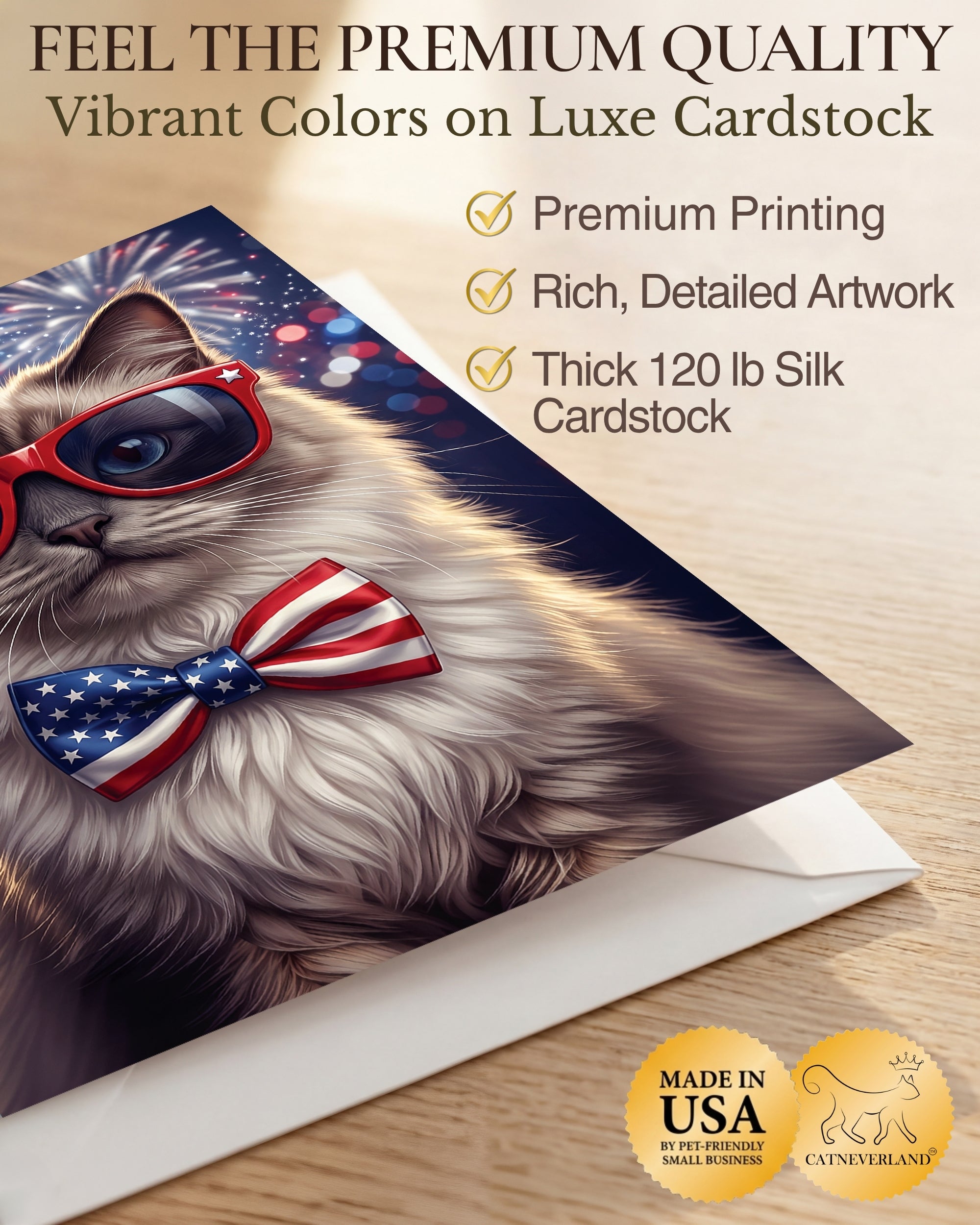 Ragdoll Cat 4th of July Greeting Card – Patriotic Cat with American Flag Bow Tie & Sunglasses – Premium 5x7 Independence Day Card with White Envelope – Blank Inside – Made in USA