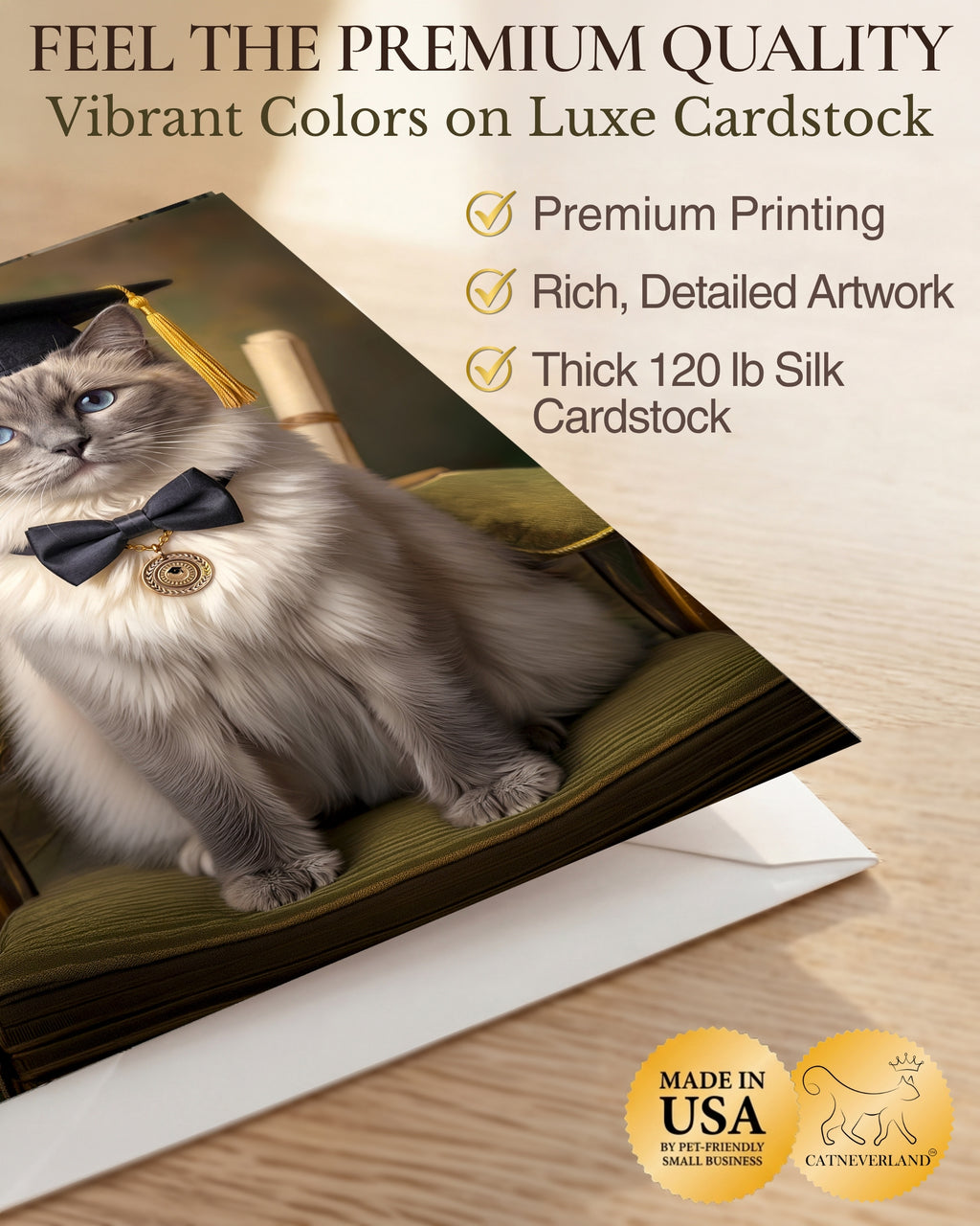 Ragdoll Cat Graduation Greeting Card 5x7” – Cute Cat in Cap & Bow Tie Congrats Card for Graduate – High School College Graduation Card with Envelope Blank Inside Made in USA
