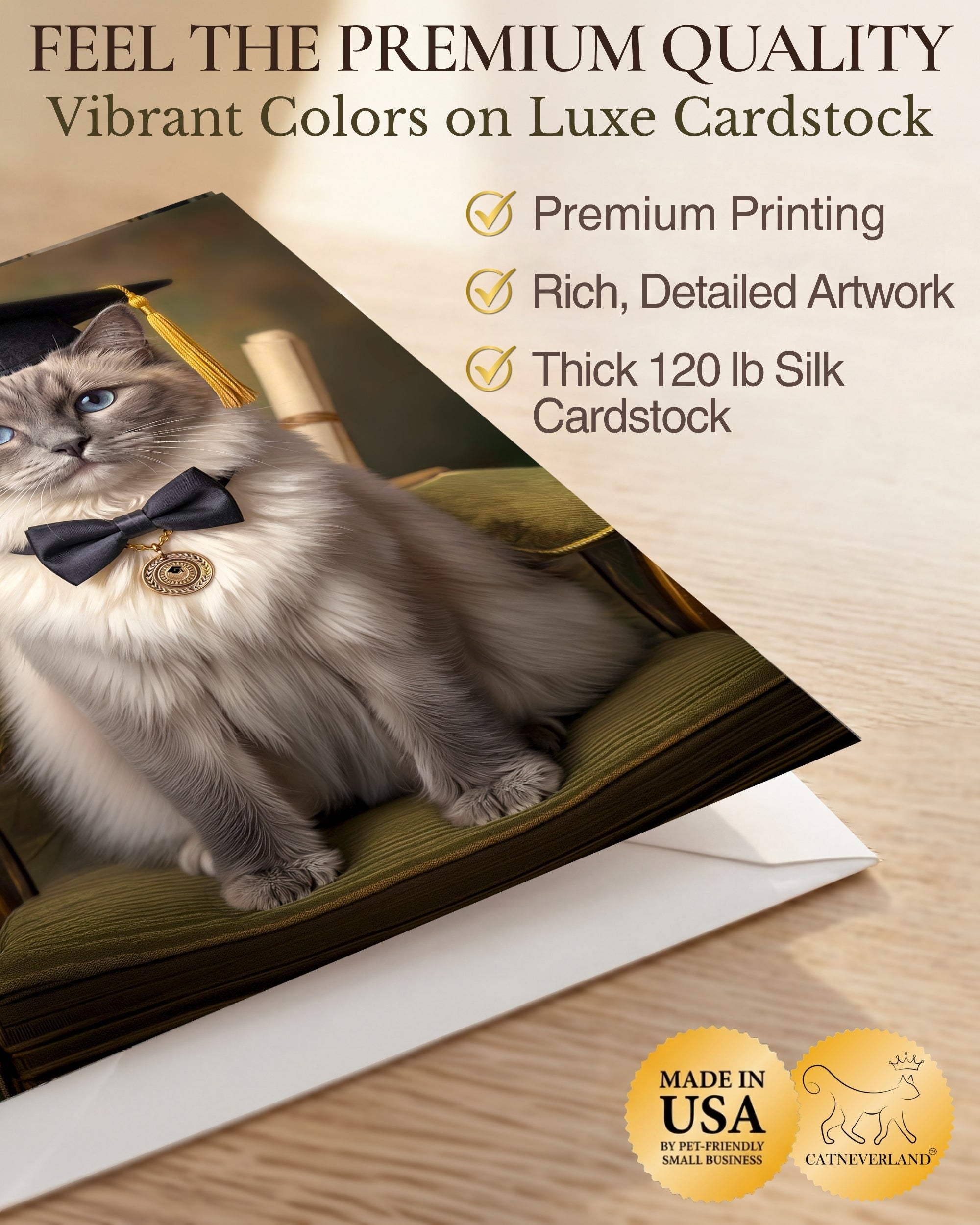 Ragdoll Cat Graduation Greeting Card 5x7” – Cute Cat in Cap & Bow Tie Congrats Card for Graduate – High School College Graduation Card with Envelope Blank Inside Made in USA