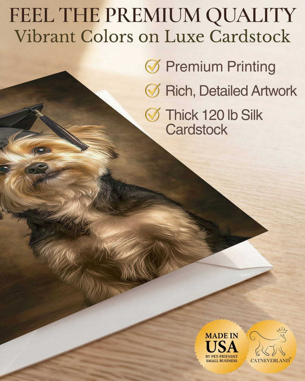 Yorkshire Terrier Graduation Card – 5x7 Greeting Card with White Envelope – Blank Inside – Dog Graduation Gift – Made in USA by Pet-Friendly Business