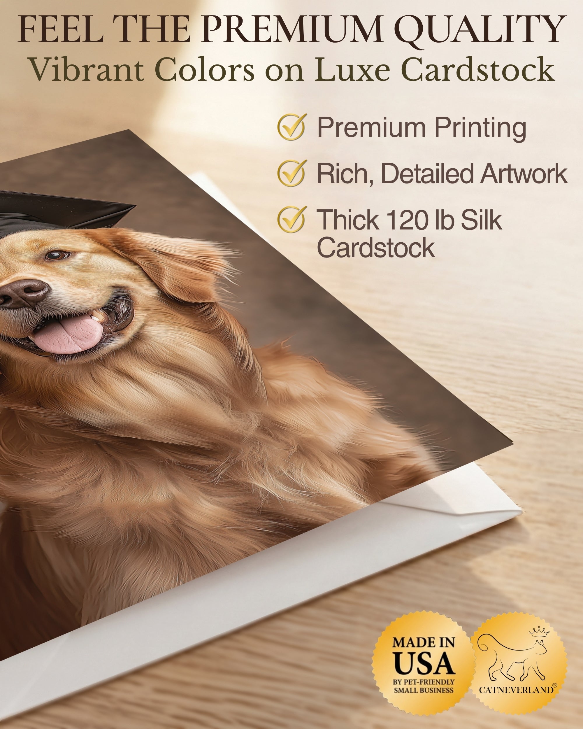 Golden Retriever Graduation Card – 5x7 Dog Greeting Card with White Envelope – Blank Inside – Pet Lover Gift – Made in USA – Frameable Keepsake