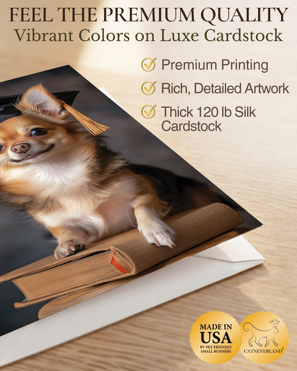 Chihuahua Graduation Card – 5x7 Dog Greeting Card with White Envelope – Blank Inside – Funny Pet Lover Gift – Made in USA – Frameable Keepsake
