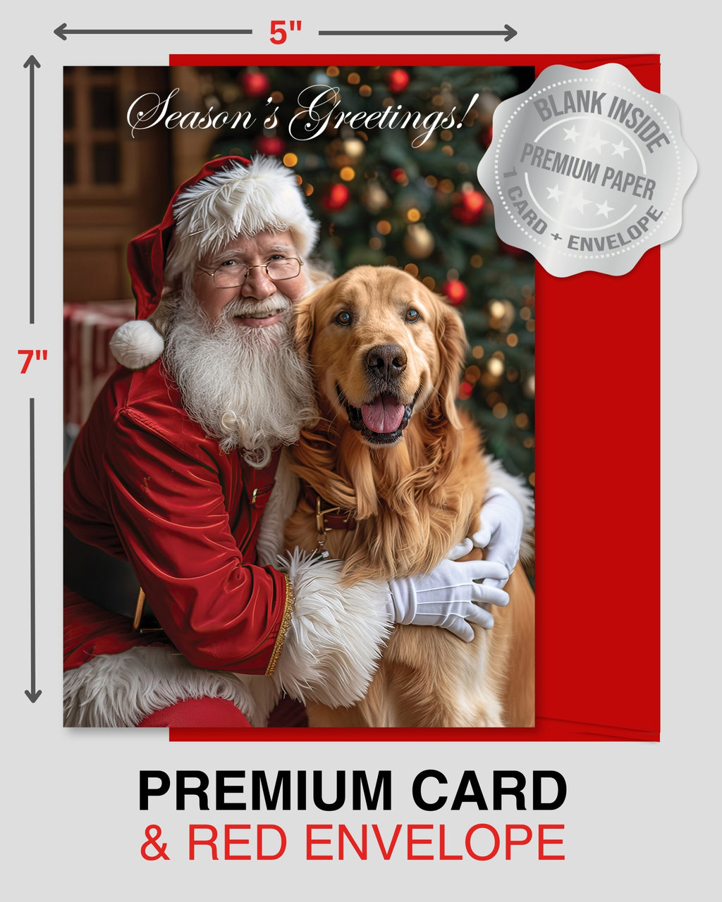 Santa with Golden Retriever Holiday Christmas Greeting Card, Blank Inside, Premium Cardstock, Red Envelope, Unique Artwork, Made by Small Pet-Friendly Business in USA