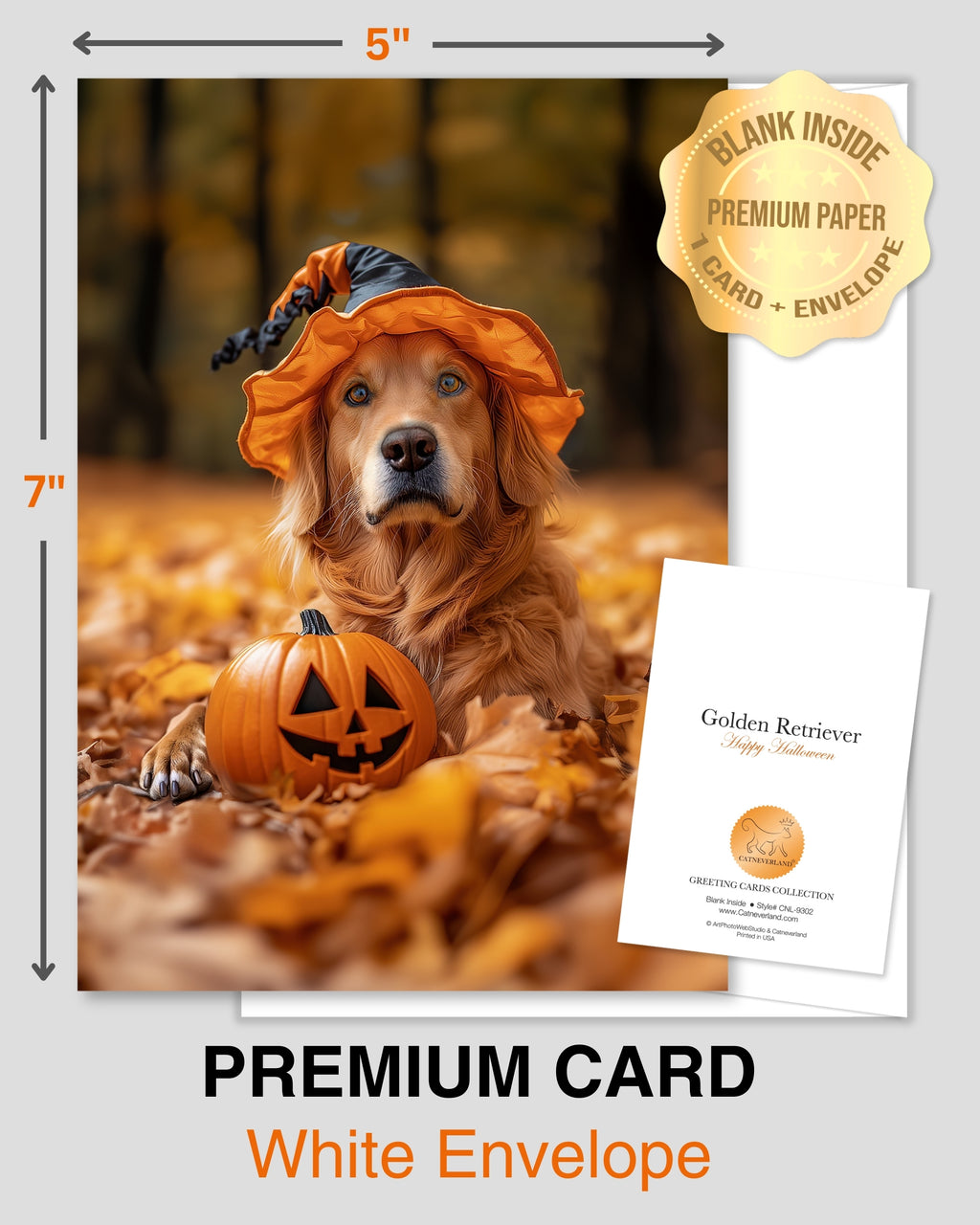 Golden Retriever Happy Halloween Greeting Card – Cute Dog in Costume with Pumpkin – Premium 5x7 Card with White Envelope – Pet Lovers Holiday Card – Made in USA