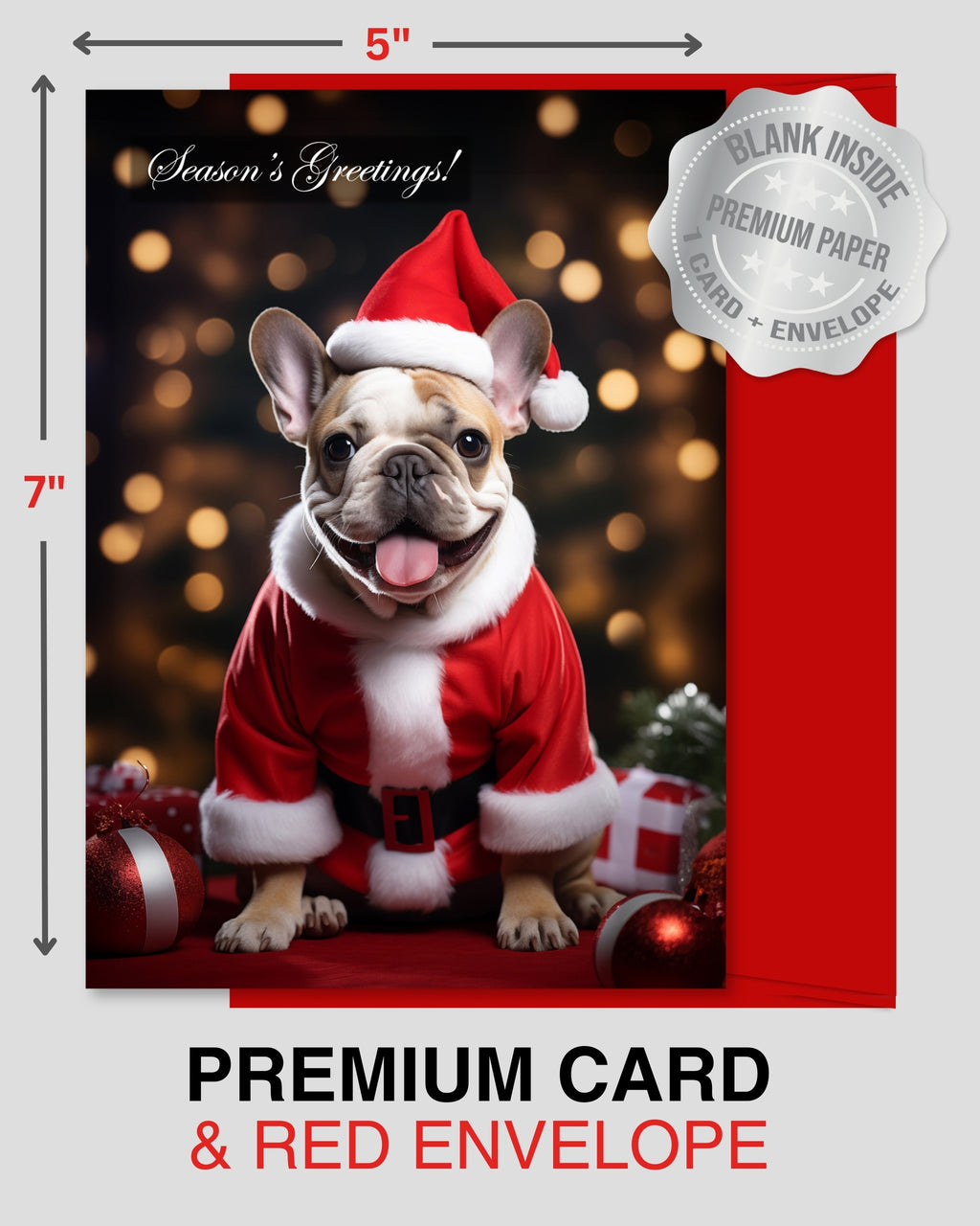 Festive French Bulldog Seasons Greetings Holiday Card - Unique Artwork from Dogs for Christmas Collection, Blank Inside, Premium Cardstock, Red Envelope, Made by Pet-Friendly Small Business in USA