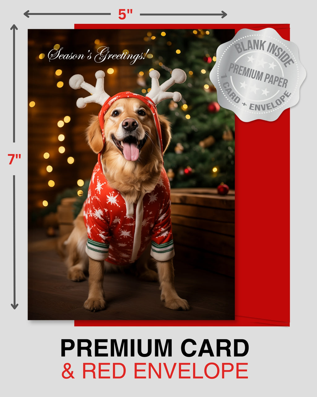 Charming Golden Retriever Reindeer Holiday Card from Dogs for Christmas Collection, Blank Inside, Premium Cardstock, Red Envelope, Made by Pet-Friendly Small Business in USA