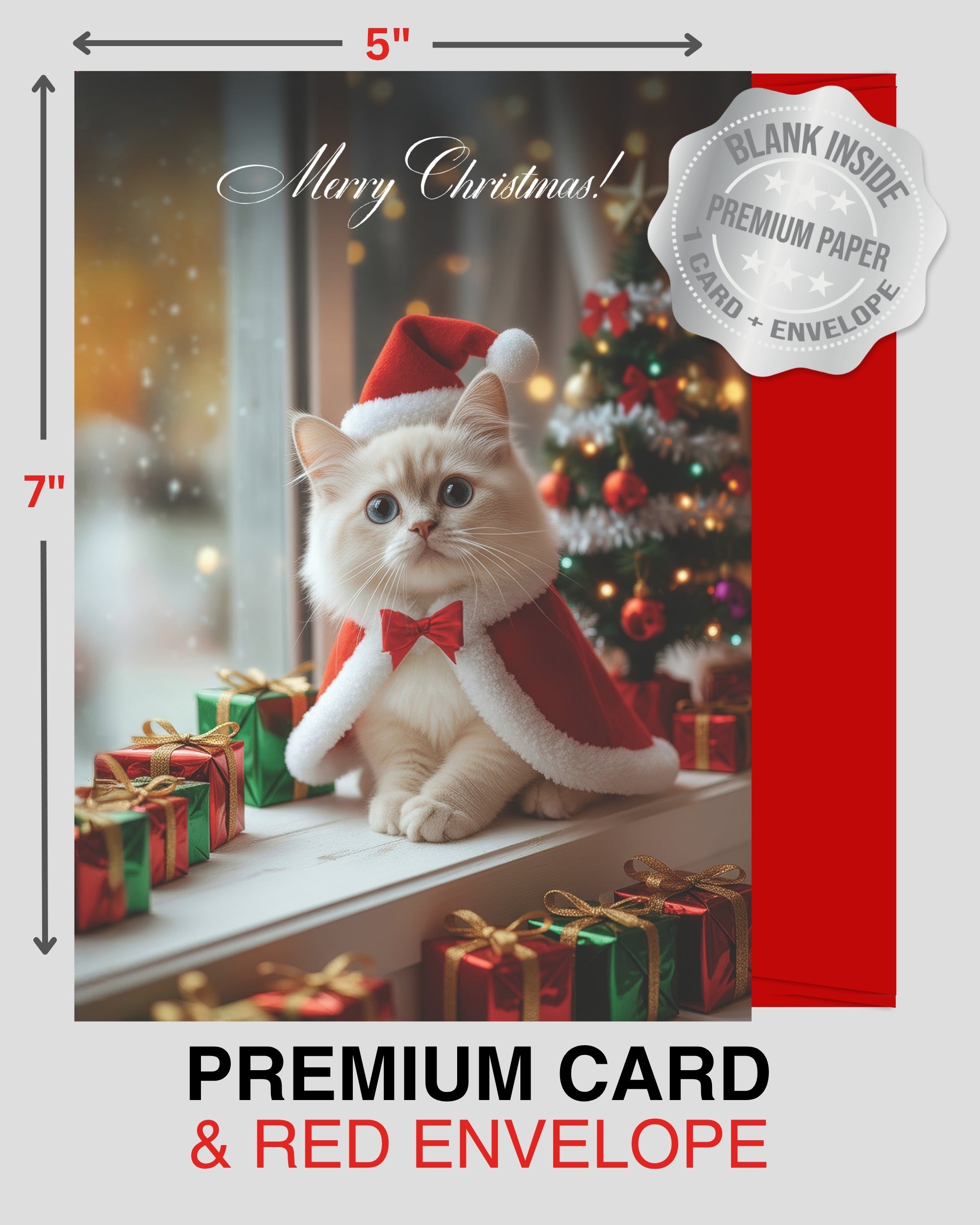 Ragdoll Kitten Christmas Greeting Card – Merry Christmas Cat Card for Pet Lovers, Blank Inside, 5x7” Premium Holiday Card with Red Envelope – Cute Cat Art, Made in USA by Pet-Friendly Small Business