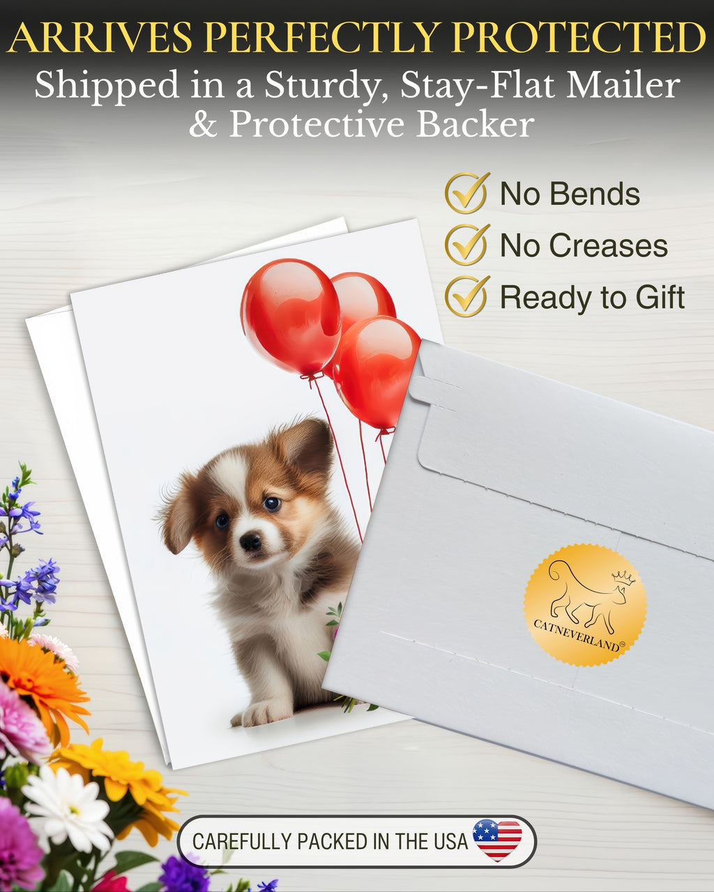 Puppy with Red Balloons and Flowers All Occasions Greeting Card from Unique Dogs Party Delights Collection Large 5x7 Inch Blank Inside with Envelope