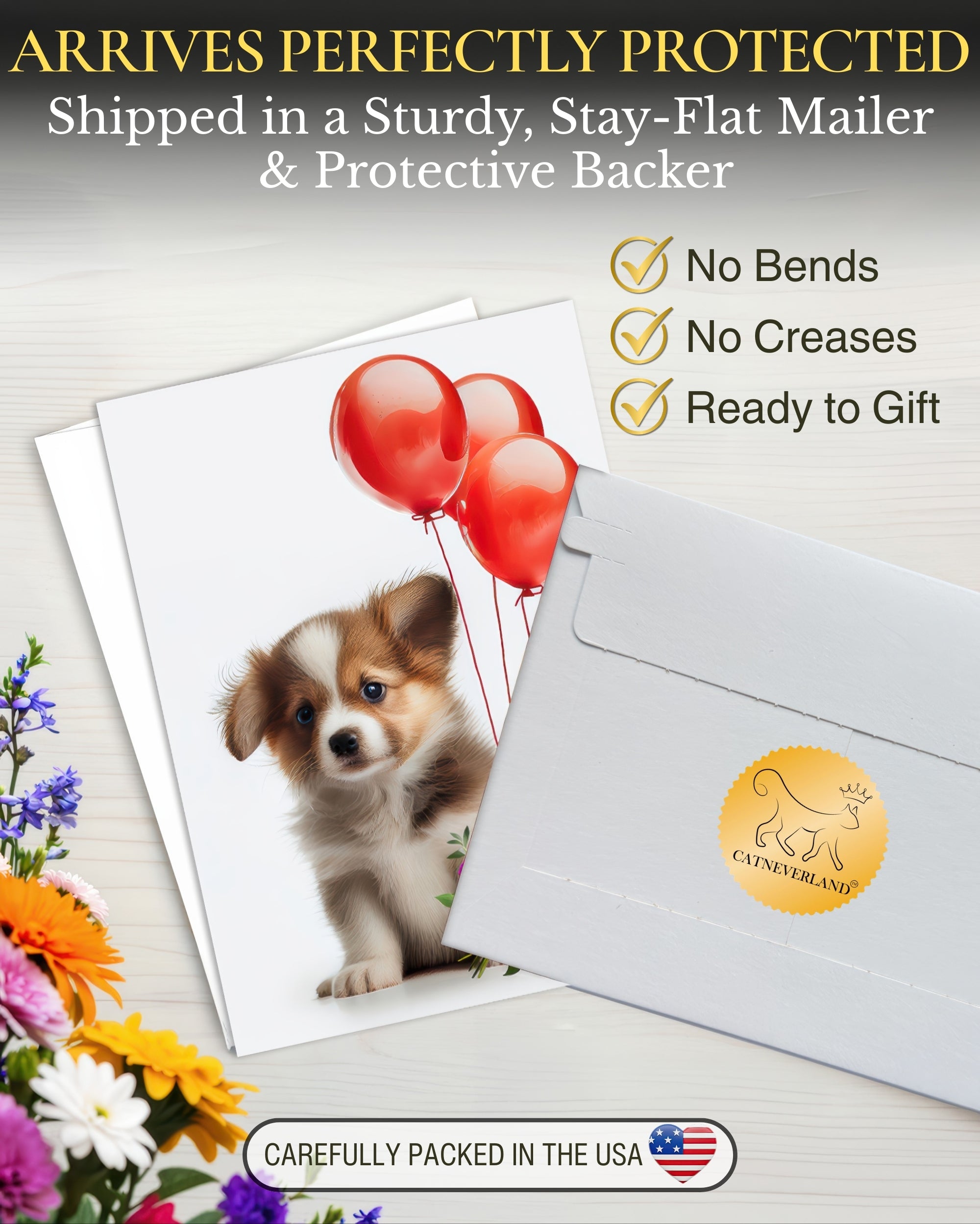 Puppy with Red Balloons and Flowers All Occasions Greeting Card from Unique Dogs Party Delights Collection Large 5x7 Inch Blank Inside with Envelope