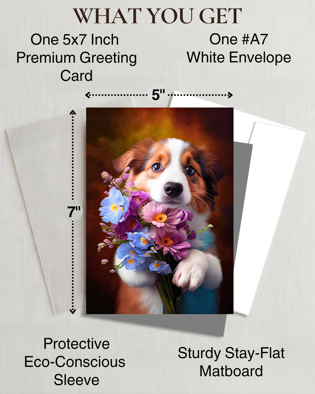 Australian Shepherd with Flowers All Occasions Greeting Card from Unique Dogs Party Delights Collection Large 5x7 Inch Blank Inside with White Envelope