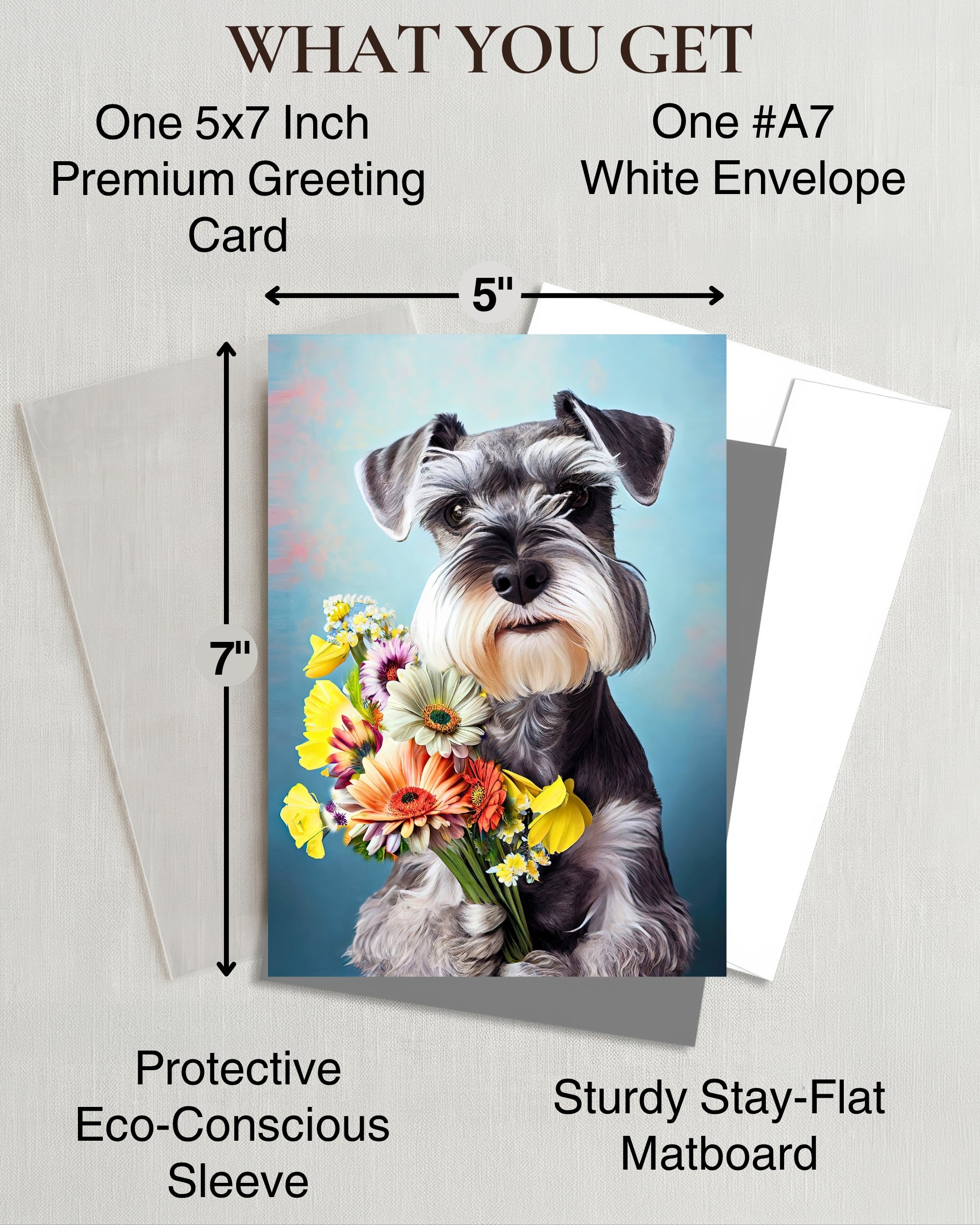 Schnauzer with Flowers All Occasions Greeting Card from Unique Dogs Party Delights Collection Large 5x7 Inch Blank Inside with Envelope