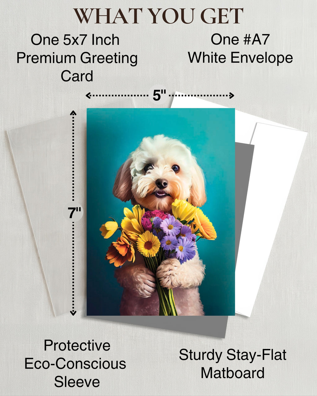 White Poodle with Flowers All Occasions Greeting Card from Unique Dogs Party Delights Collection Large 5x7 Inch Blank Inside with White Envelope