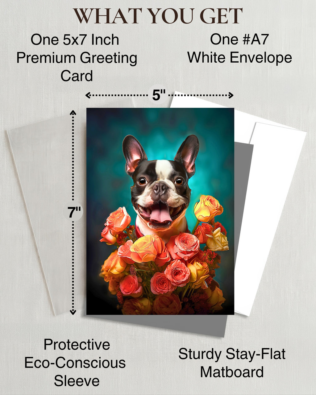 Boston Terrier with Flowers All Occasions Greeting Card from Unique Dog Party Delights Collection Large 5x7 Inch Blank Inside with White Envelope