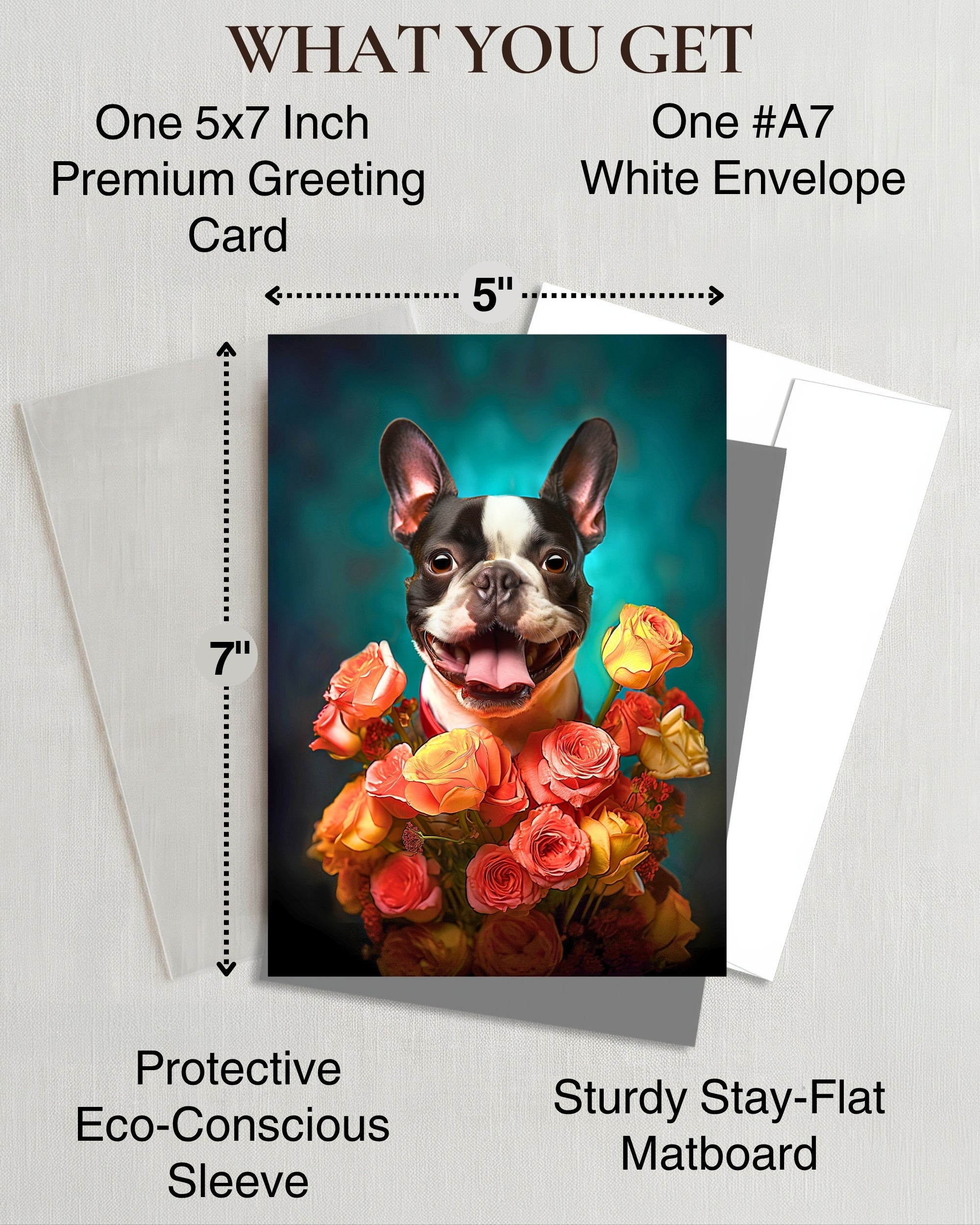 Boston Terrier with Flowers All Occasions Greeting Card from Unique Dog Party Delights Collection Large 5x7 Inch Blank Inside with White Envelope