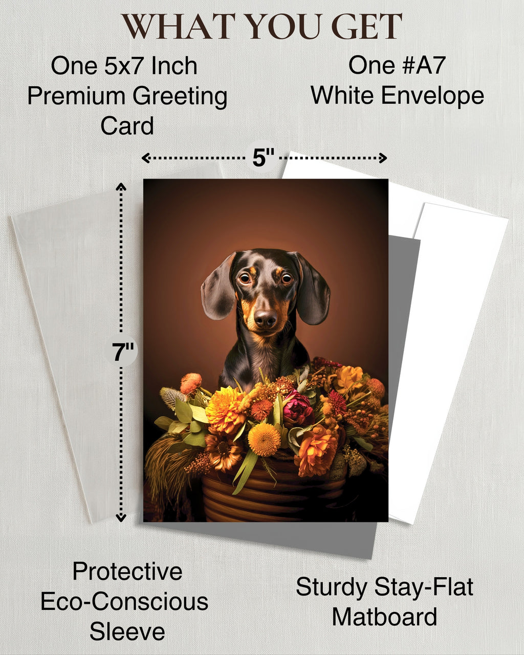 Dachshund with Flowers All Occasions Greeting Card from Unique Dogs Party Delights Collection Large 5x7 Inch Blank Inside with White Envelope