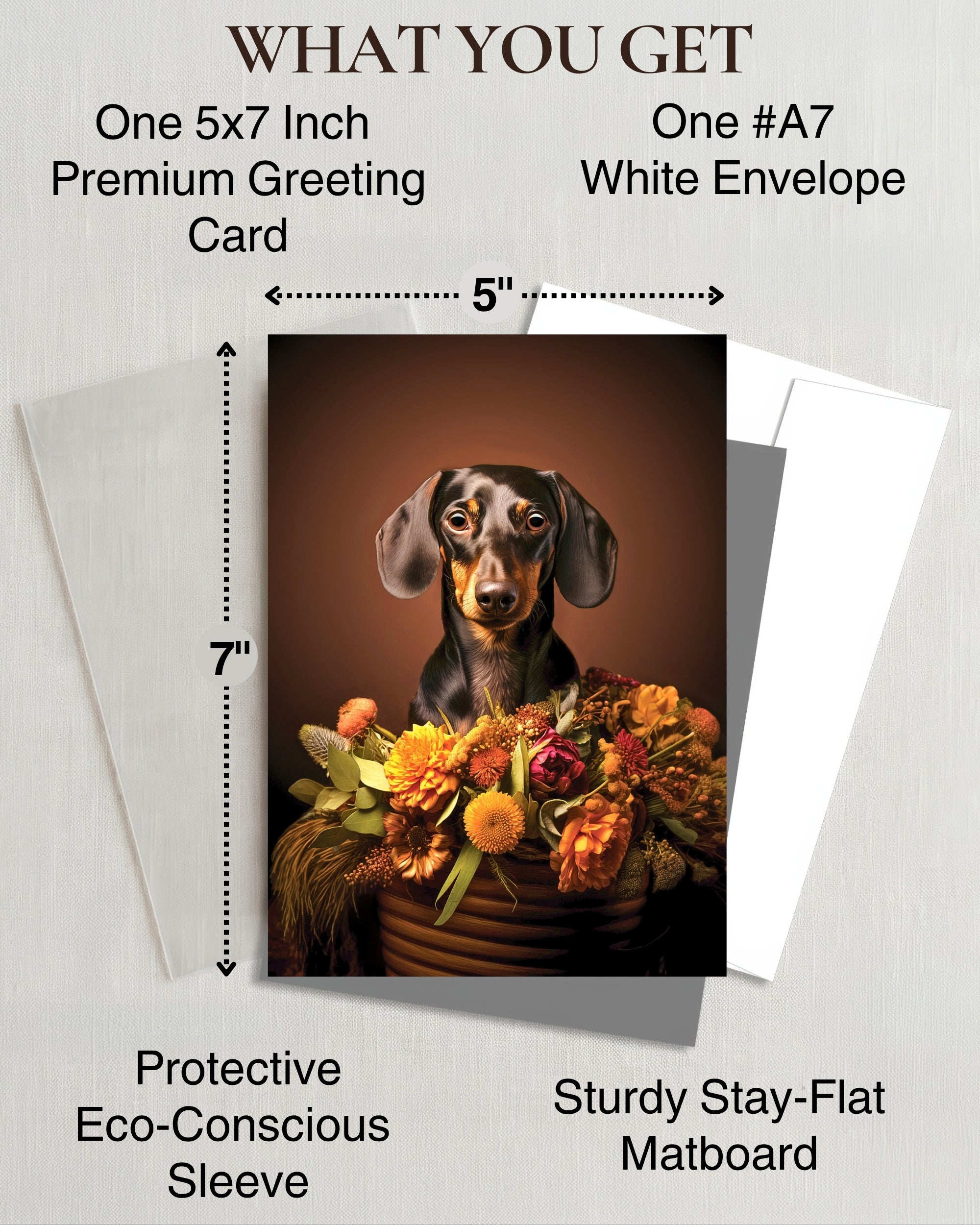 Dachshund with Flowers All Occasions Greeting Card from Unique Dogs Party Delights Collection Large 5x7 Inch Blank Inside with White Envelope
