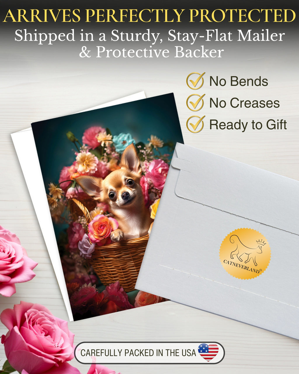 Chihuahua with Flowers All Occasions Greeting Card from Unique Dogs Party Delights Collection Large 5x7 Inch Blank Inside with Envelope