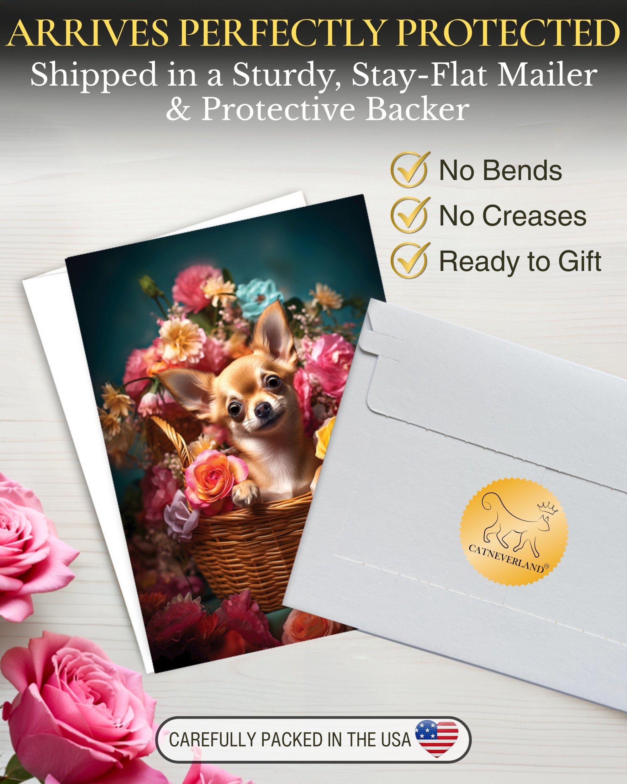 Chihuahua with Flowers All Occasions Greeting Card from Unique Dogs Party Delights Collection Large 5x7 Inch Blank Inside with Envelope