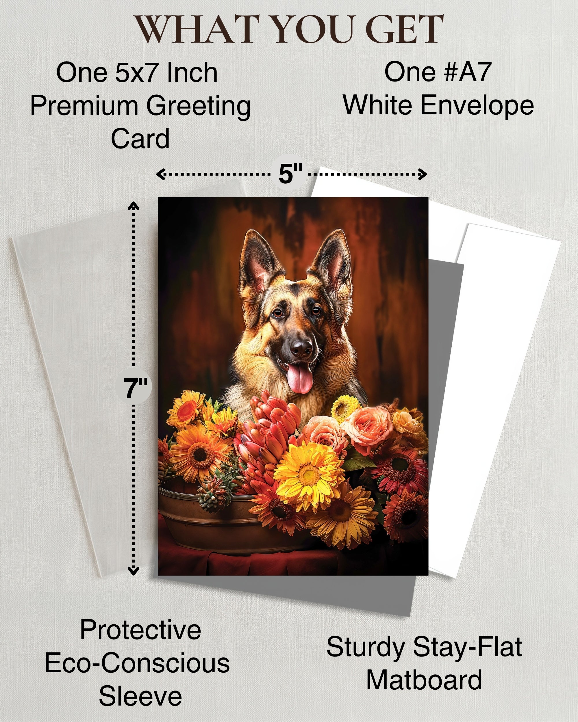 German Shepherd with Flowers All Occasions Greeting Card from Unique Dogs Party Delights Collection Large 5x7 Inch Blank Inside with White Envelope