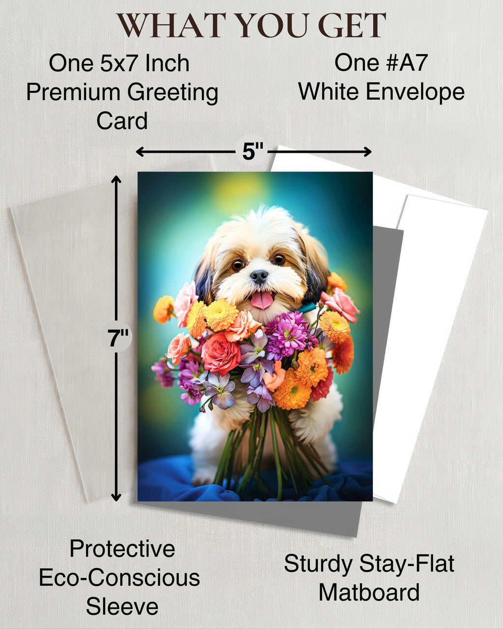 Shih Tzu with Flower All Occasions Greeting Card - 5x7 Inch, Collection Dogs with Flowers, Premium Cardstock, Blank Inside, White A7 Envelope, Eco-Friendly