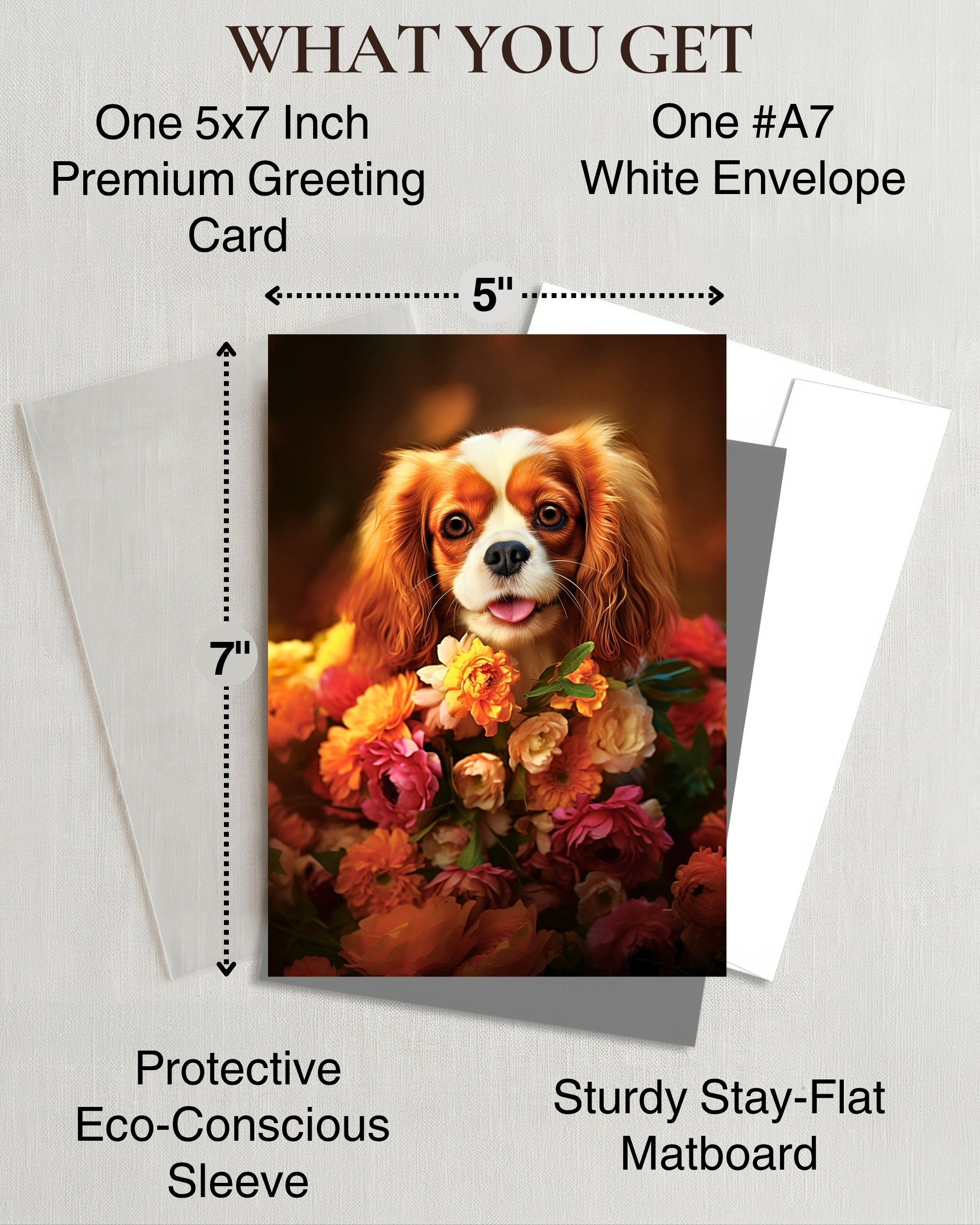 Cavalier King Charles Spaniel with Flowers All Occasions Greeting Card - Dog with Flowers from Unique Dogs Party Delights Collection - Large 5x7 Inch - Blank Inside with A7 Invitation Style White