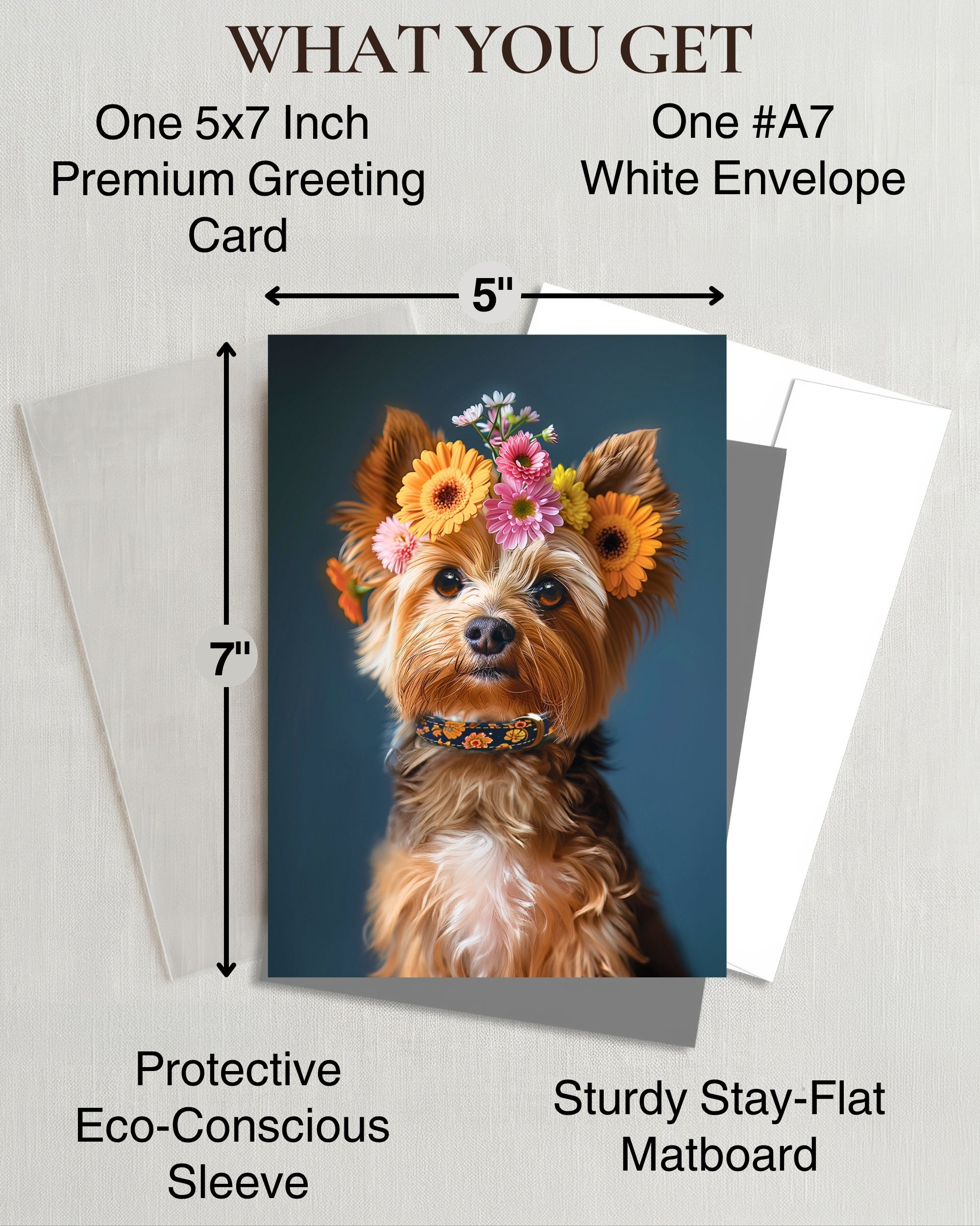 Yorkshire Terrier with Flower Crown All Occasions Greeting Card from Unique Dogs Party Delights Collection Large 5x7 Inch Blank Inside with Envelope