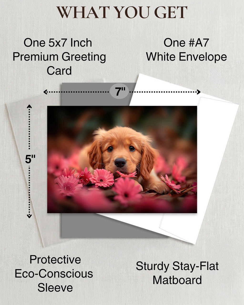 Golden Retriever Puppy with Pink Flowers All Occasions Greeting Card from Unique Dogs Party Delights Collection Large 5x7 Inch Blank Inside with Envelope
