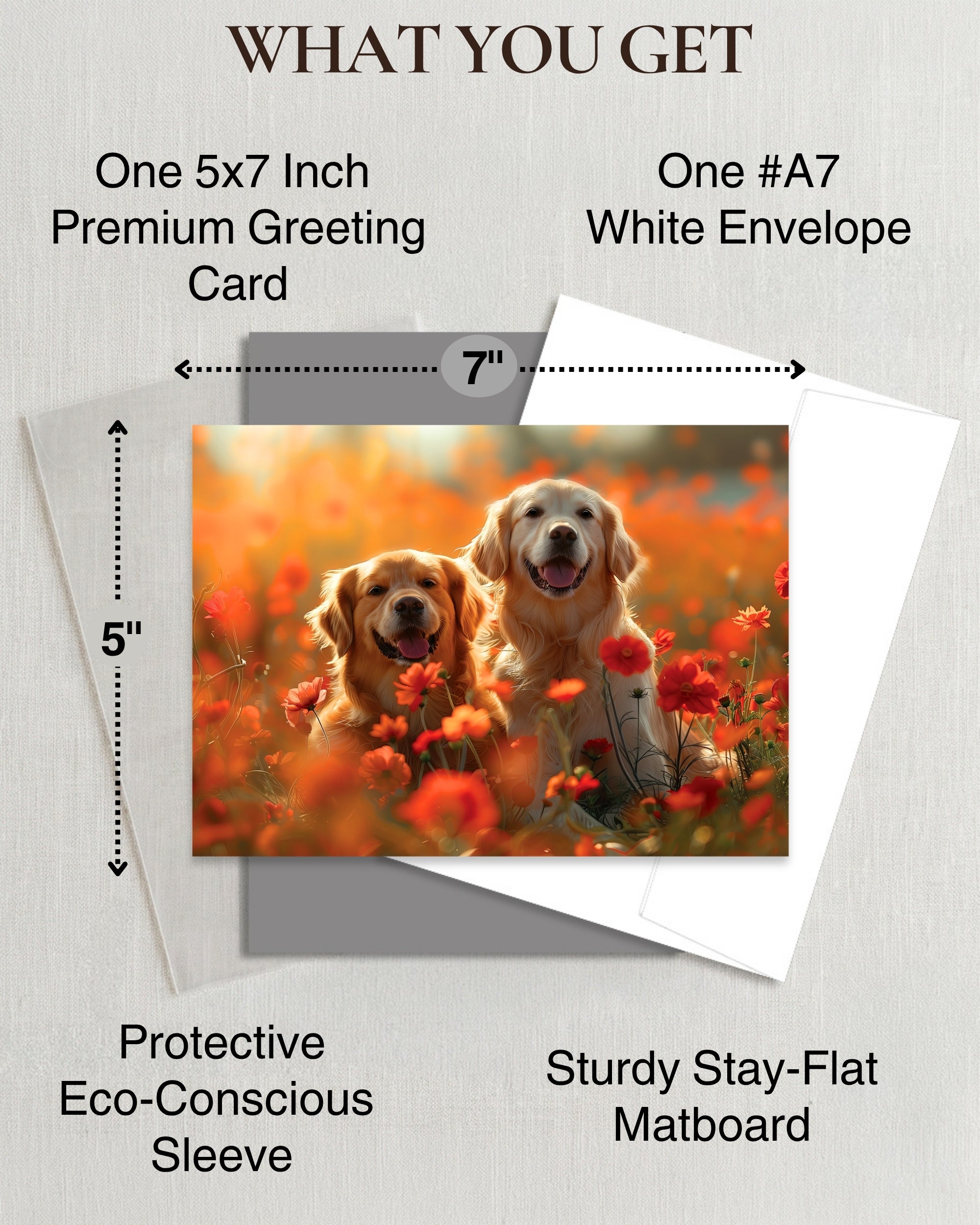 Golden Retrievers in Flower Garden All Occasions Greeting Card from Unique Dogs Party Delights Collection Large 5x7 Inch Blank Inside with Envelope