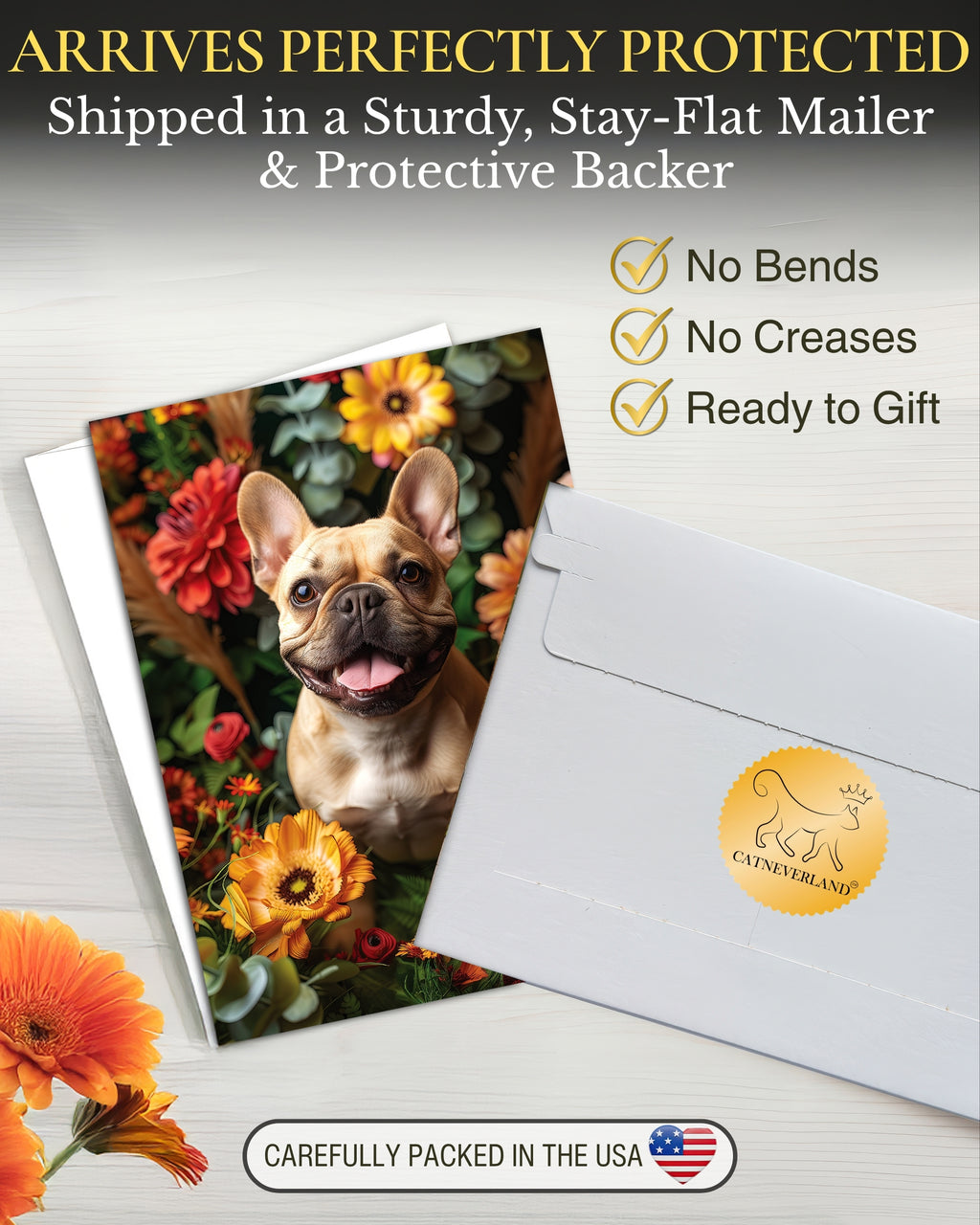 French Bulldog with Flowers All Occasions Greeting Card - Dog with Flowers from Unique Dogs Party Delights Collection - Large 5x7 Inch - Blank Inside with White Envelope