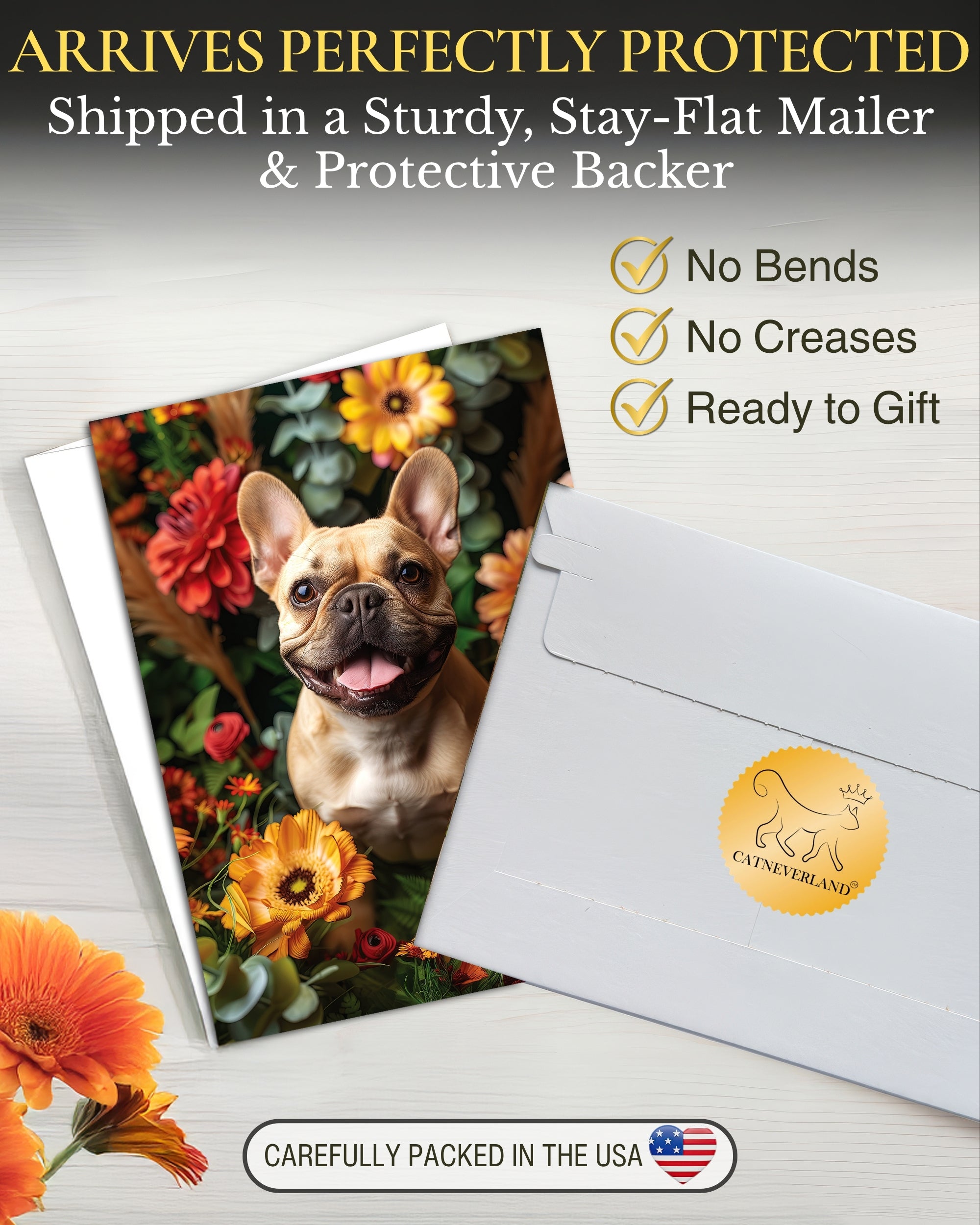 French Bulldog with Flowers All Occasions Greeting Card - Dog with Flowers from Unique Dogs Party Delights Collection - Large 5x7 Inch - Blank Inside with White Envelope
