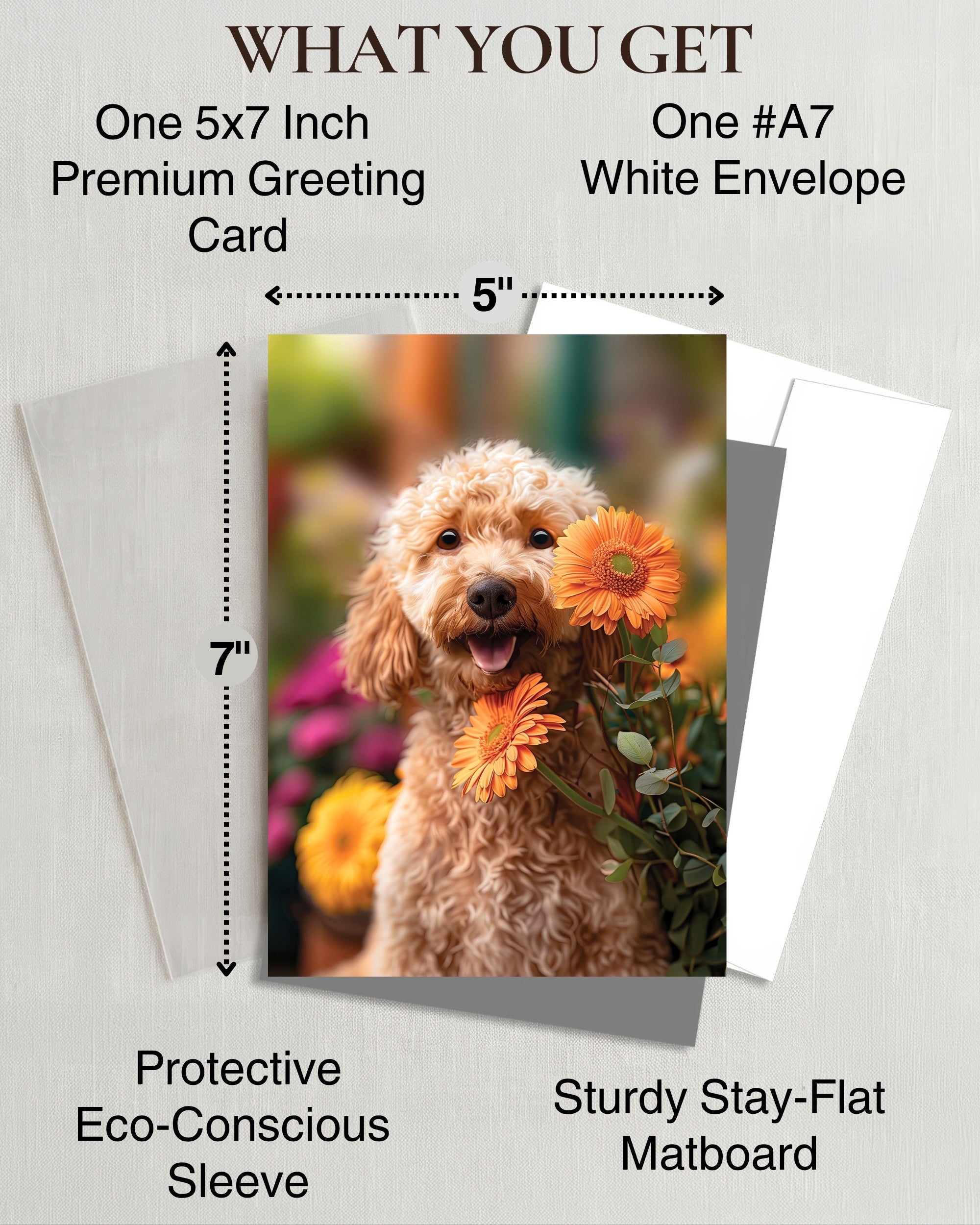 Goldendoodle with Orange Flowers All Occasions Greeting Card from Unique Dogs Party Delights Collection Large 5x7 Inch Blank Inside with Envelope