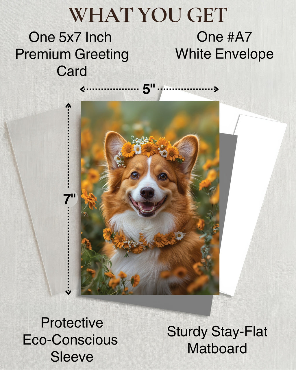 Charming Corgi with Flowers Greeting Card - Blank Inside for Personalized Messages, Premium Cardstock, Invitation Style White Envelope, Unique Artwork, Made by Small Business in USA